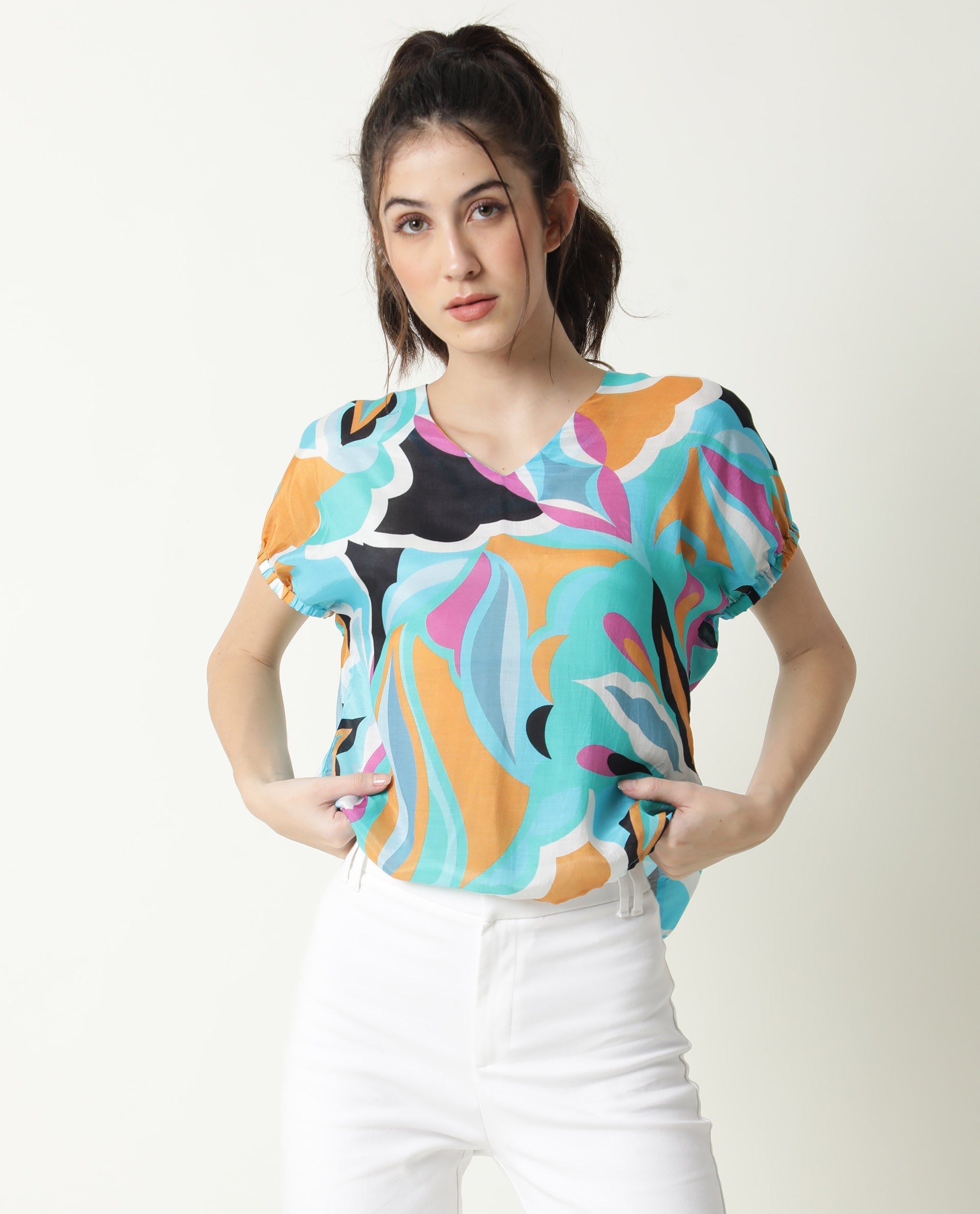 Rareism Women's Maverick Multi Cotton Blend V-Neck Abstract Print Relaxed Fit Top