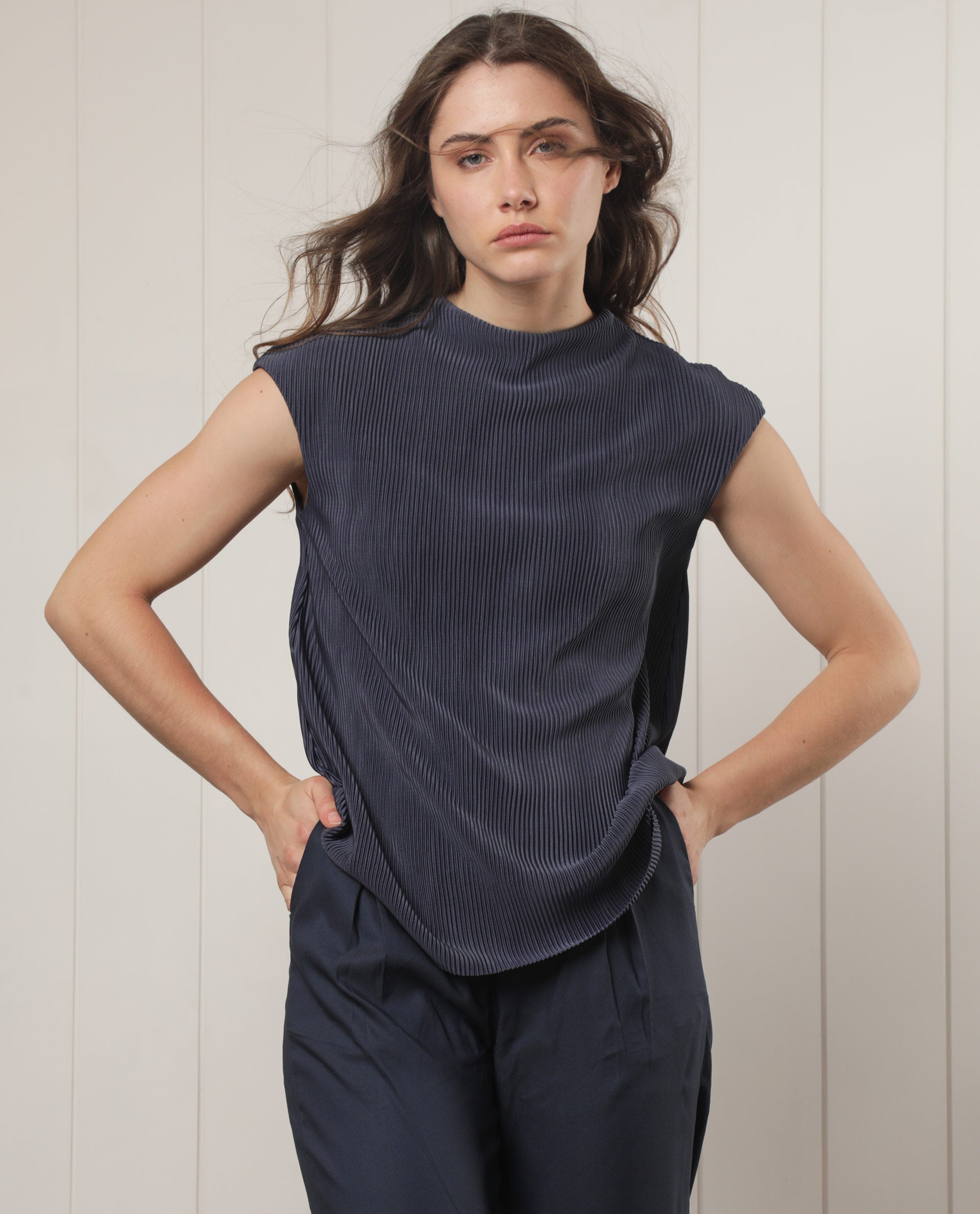Rareism Women's Daffo Navy Polyester High Neck Textured Sleeveless Relaxed Fit Top