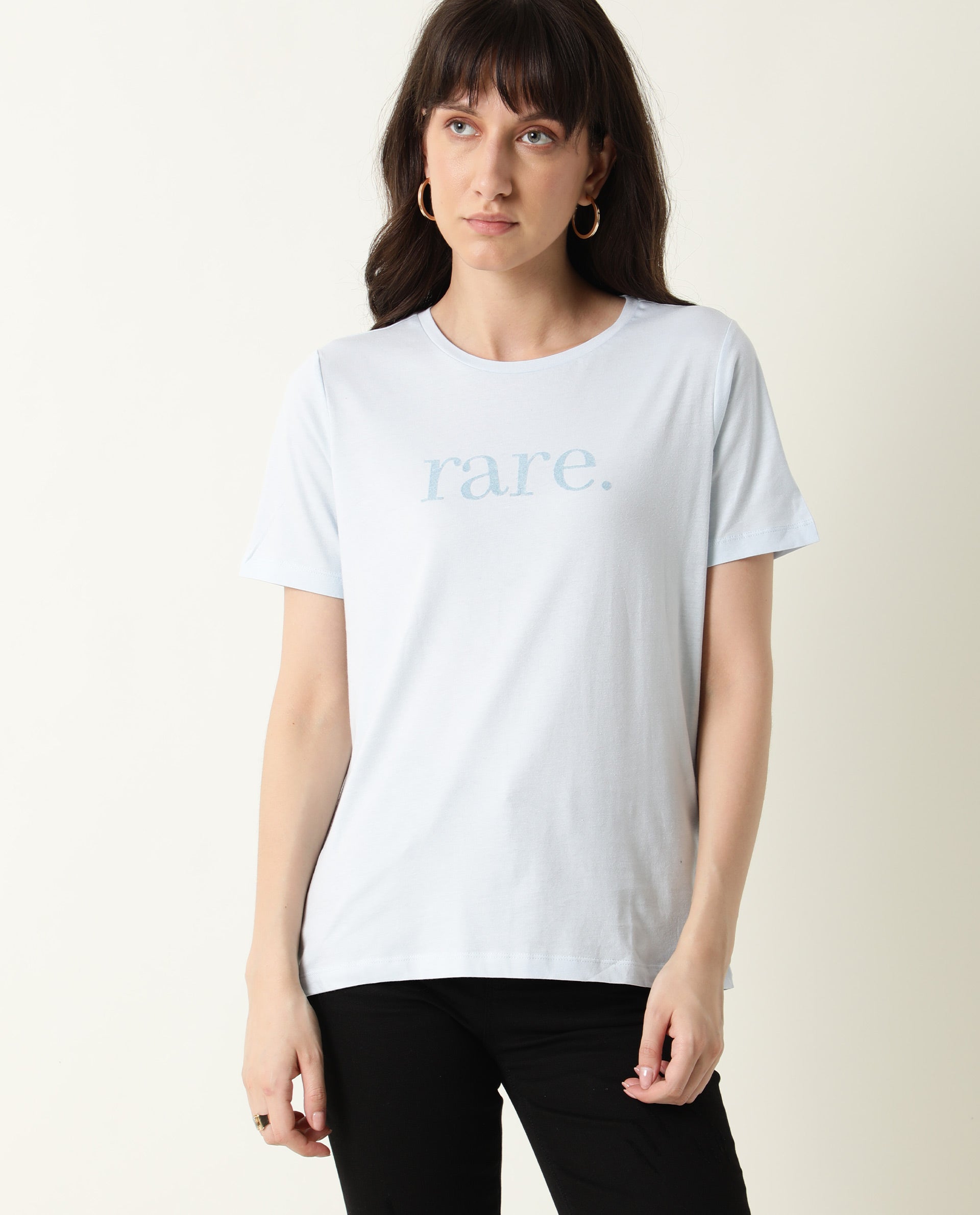 Rareism Womens Basic Tee 2 Blue T-Shirt Cotton Fabric Fitted Fit Short Sleeve Round Neck