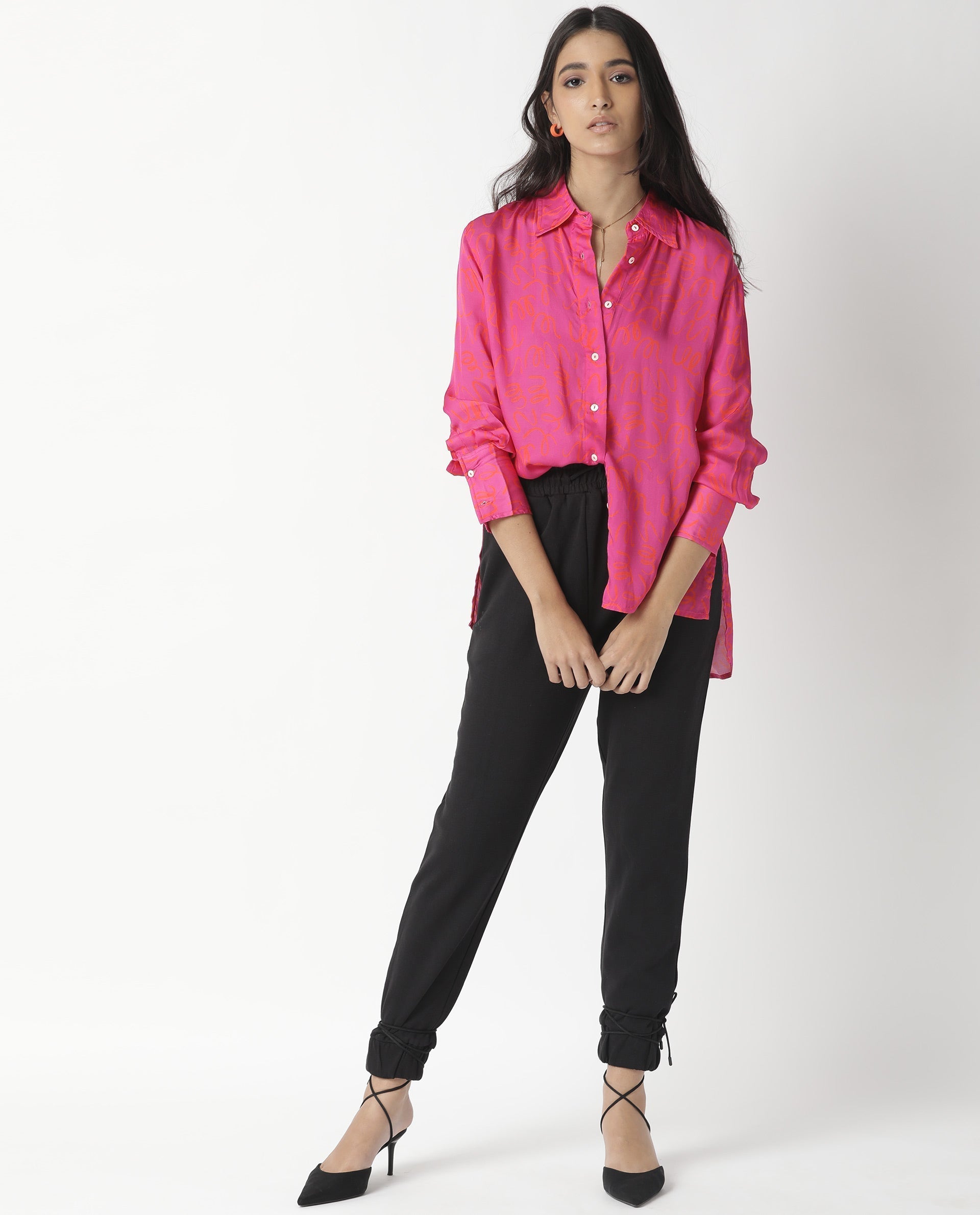 Rareism Womens Vani Pink Dress Modal Fabric Regular Fit Cuffed Sleeve Collared Neck