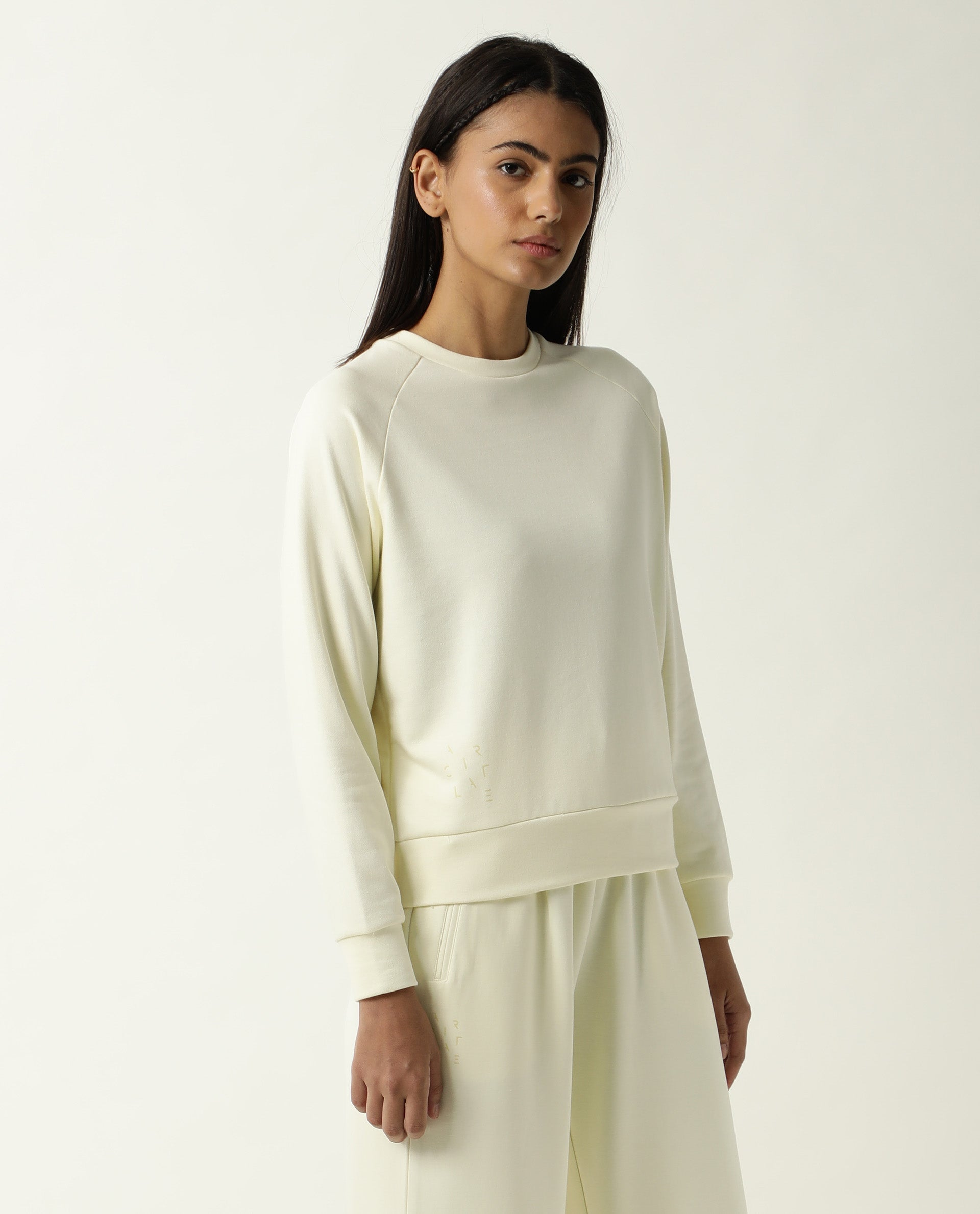 Rareism Women's Medium Weight Terry 290 Gsm Cotton Blend Crew Neck Plain Cuffed Sleeve Relaxed Fit Sweatshirt