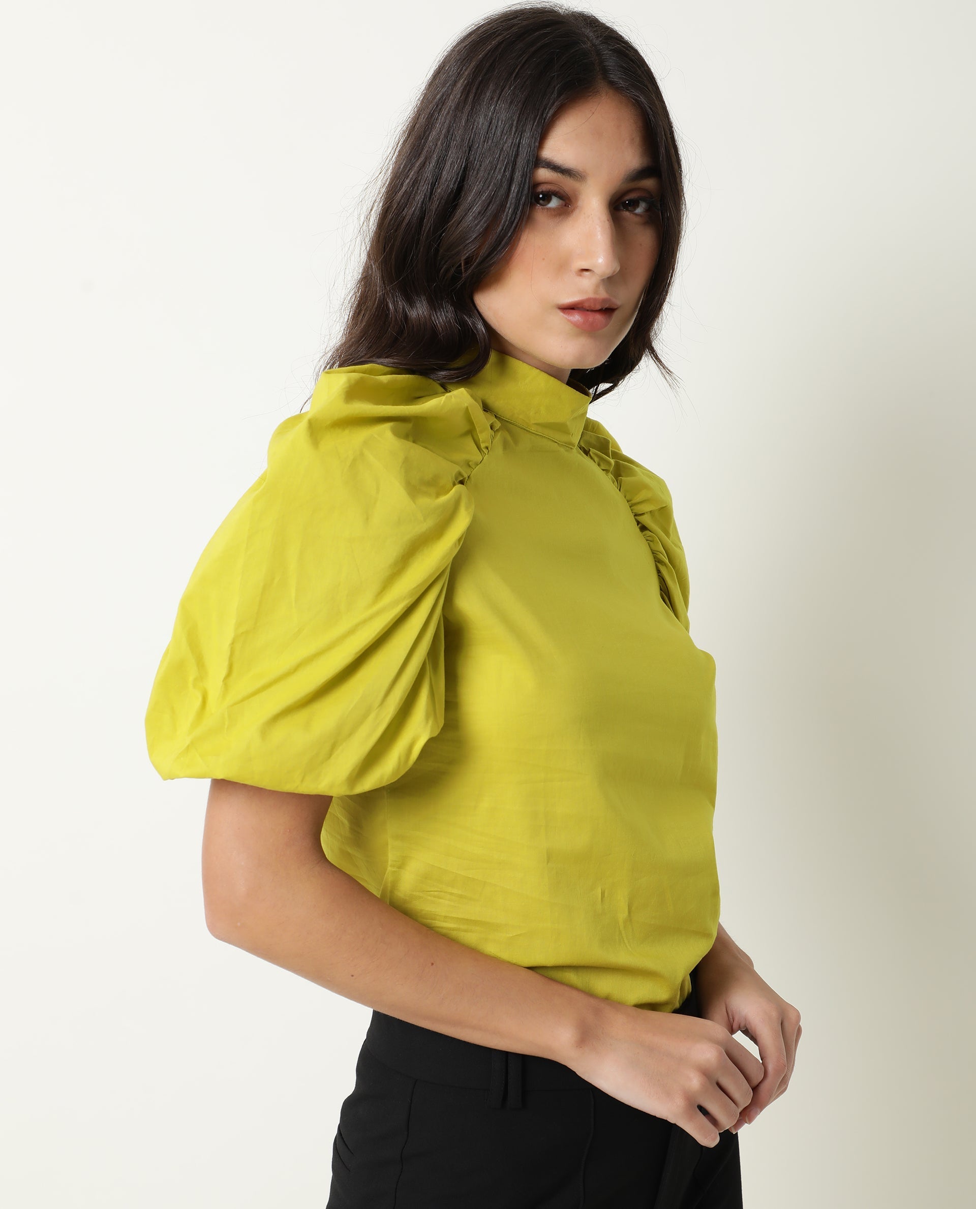 Rareism Women's Bobby Green Cotton High Neck Plain Balloon Sleeve Regular Fit Top