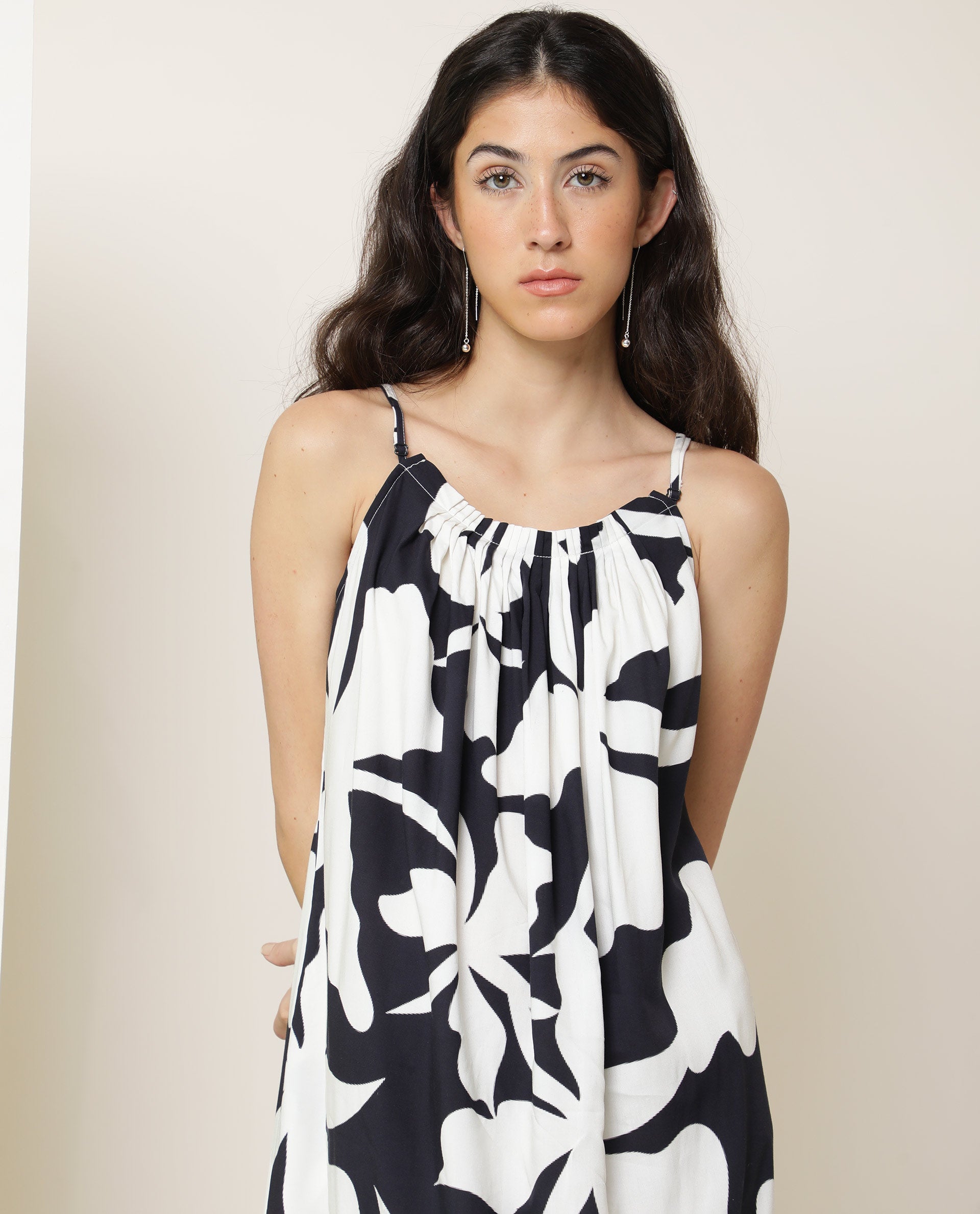 Rareism Women's Zahara Black Viscose Shoulder Strap Floral Print Shoulder Strap Knee Length Regular Fit Dress