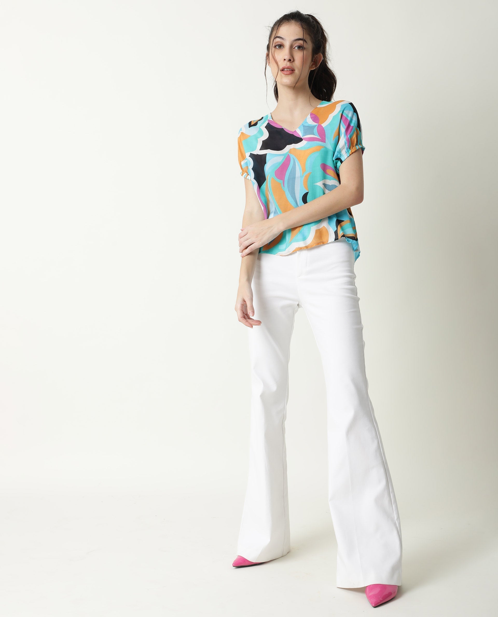 Rareism Women Maverick Multi Cotton Silk Fabric Relaxed Fit V-Neck Half Sleeves Abstract Print Top