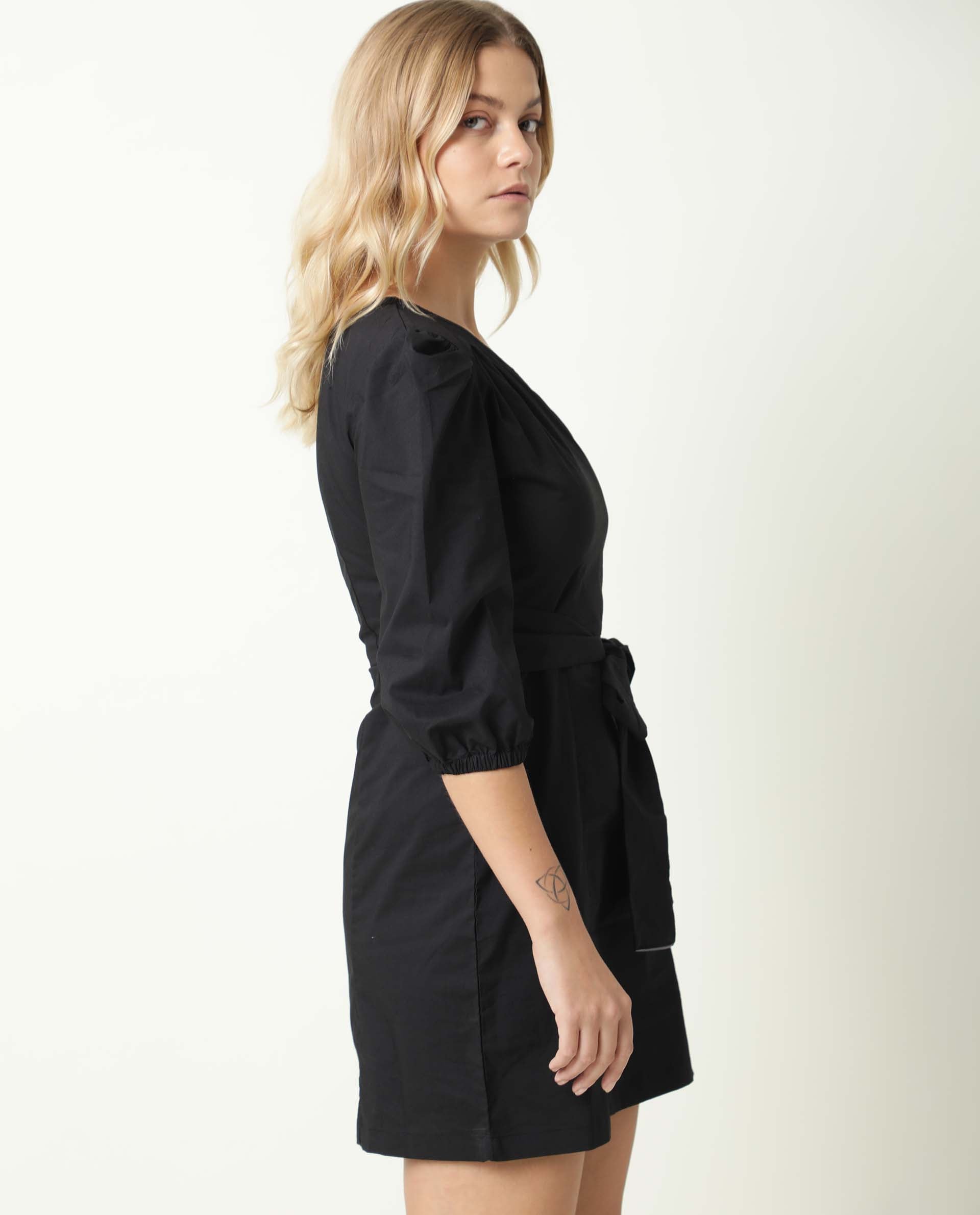 Rareism Women Floris Black One Shoulder Puffed Sleeve Fabric Tie Up Belt Mini Dress