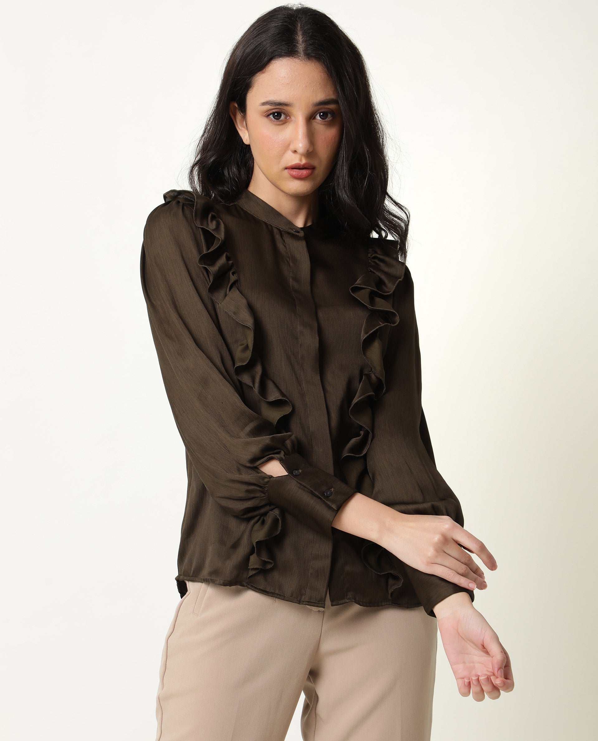 Rareism Womens Chamomile Olive Top Polyester Fabric Fit Regular Sleeves Mandarin Neck