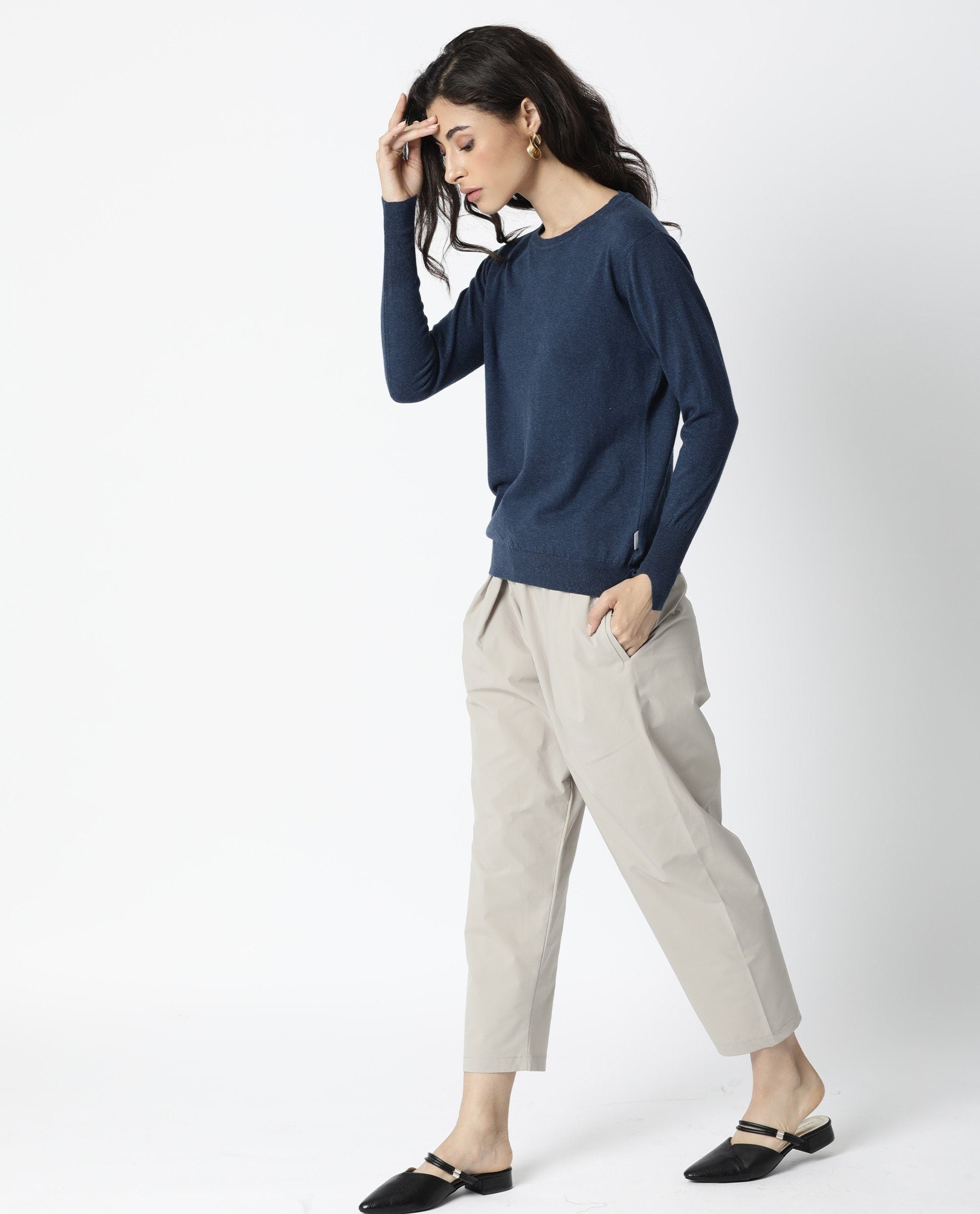 Rareism Women Plum Blue Cotton Fabric Full Sleeves Regular Fit Ribbed Ribbed Collar Sweater