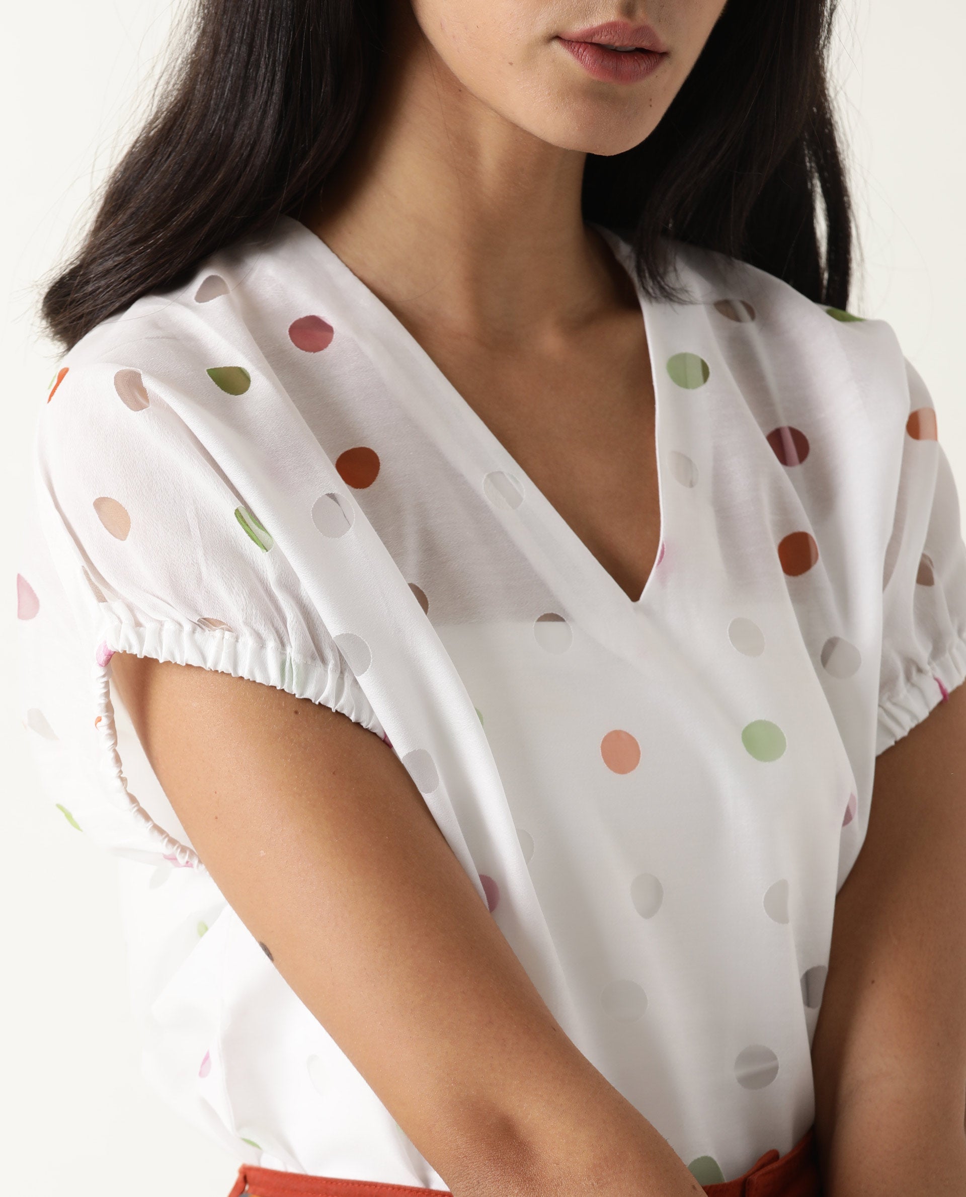 Rareism Women's Misan White V-Neck Color Block Knee Length Regular Fit Top