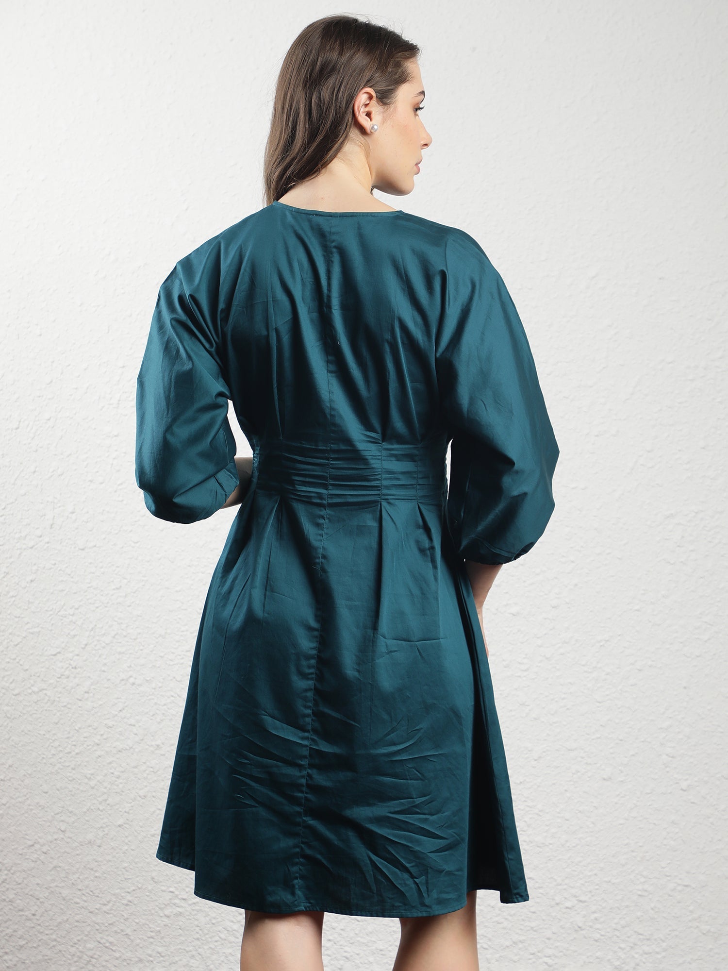Rareism Women's Mayem Petrol Cotton Crew Neck Plain Volume Sleeve Knee Length Tailored Dress