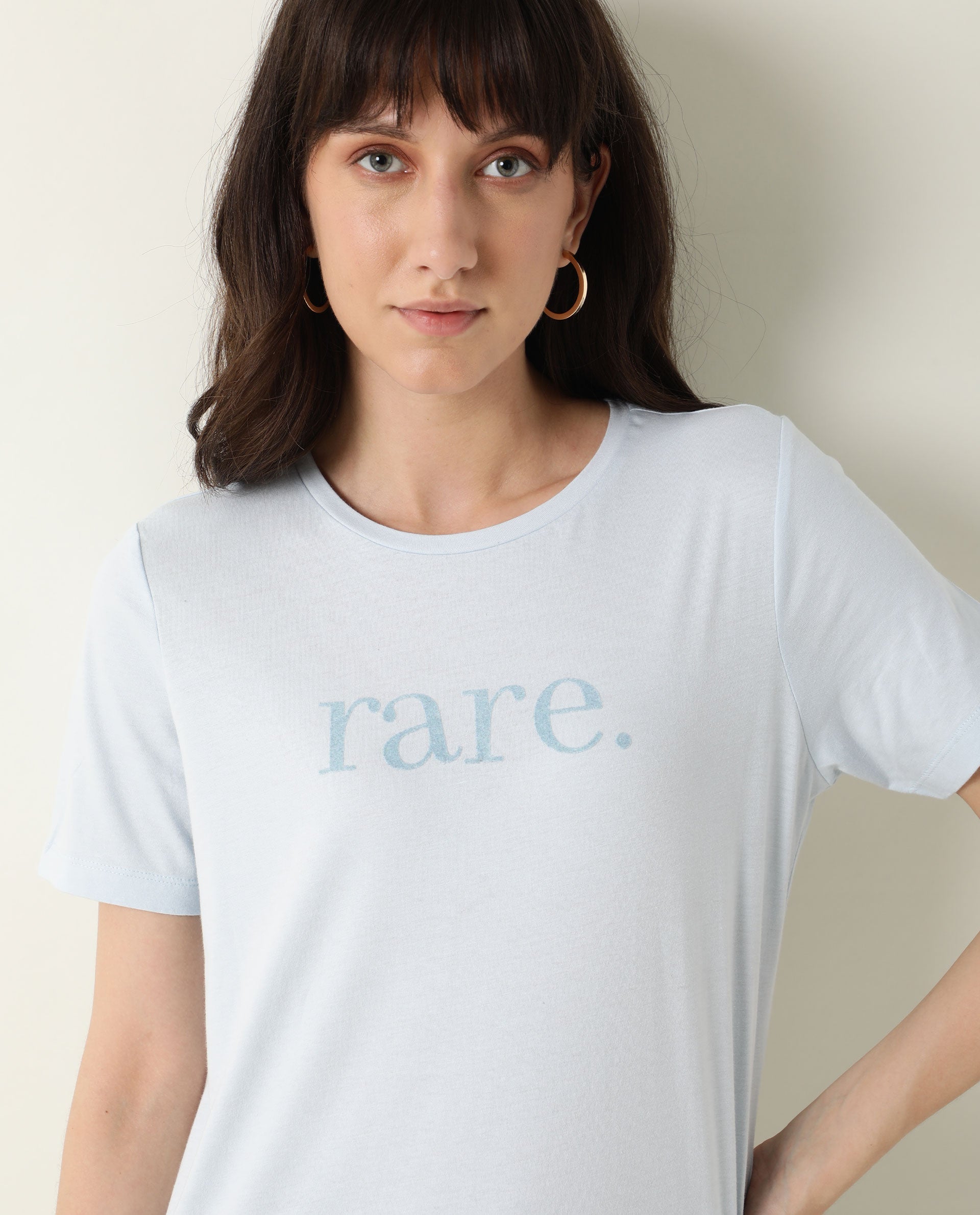 Rareism Womens Basic Tee 2 Blue T-Shirt Cotton Fabric Fitted Fit Short Sleeve Round Neck