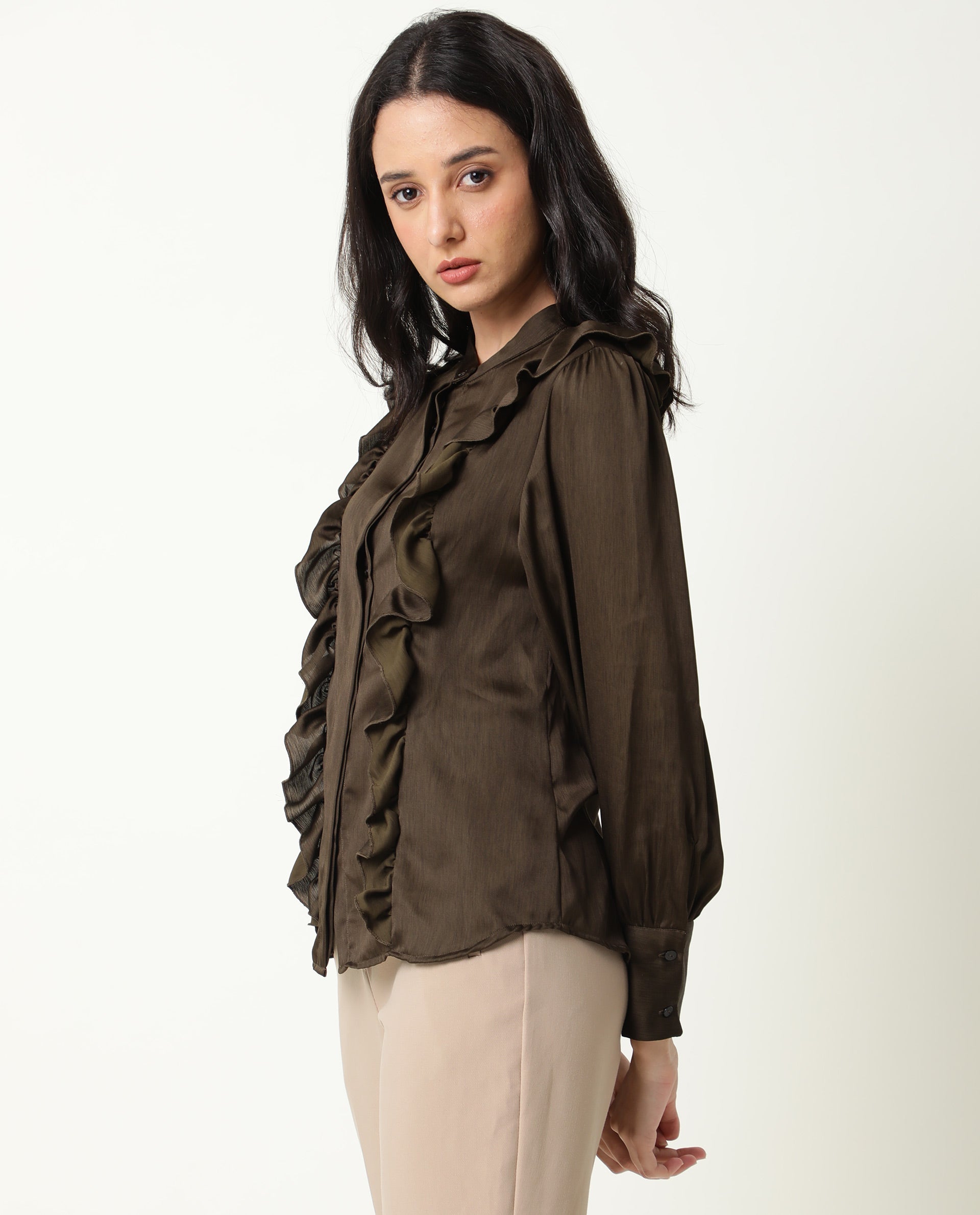 Rareism Womens Chamomile Olive Top Polyester Fabric Fit Regular Sleeves Mandarin Neck