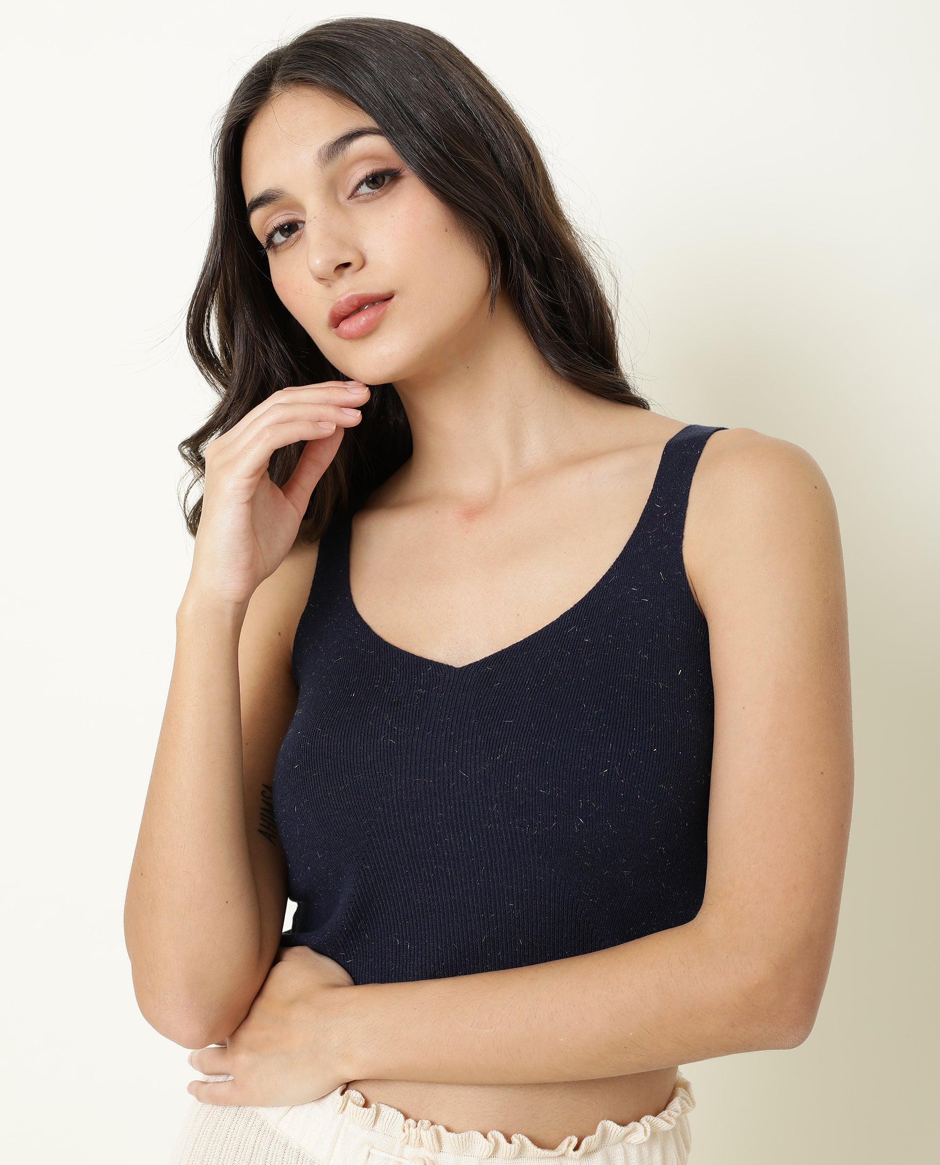Rareism Women's Flee Navy Cotton V-Neck Plain Sleeveless Crop Regular Fit Sweater