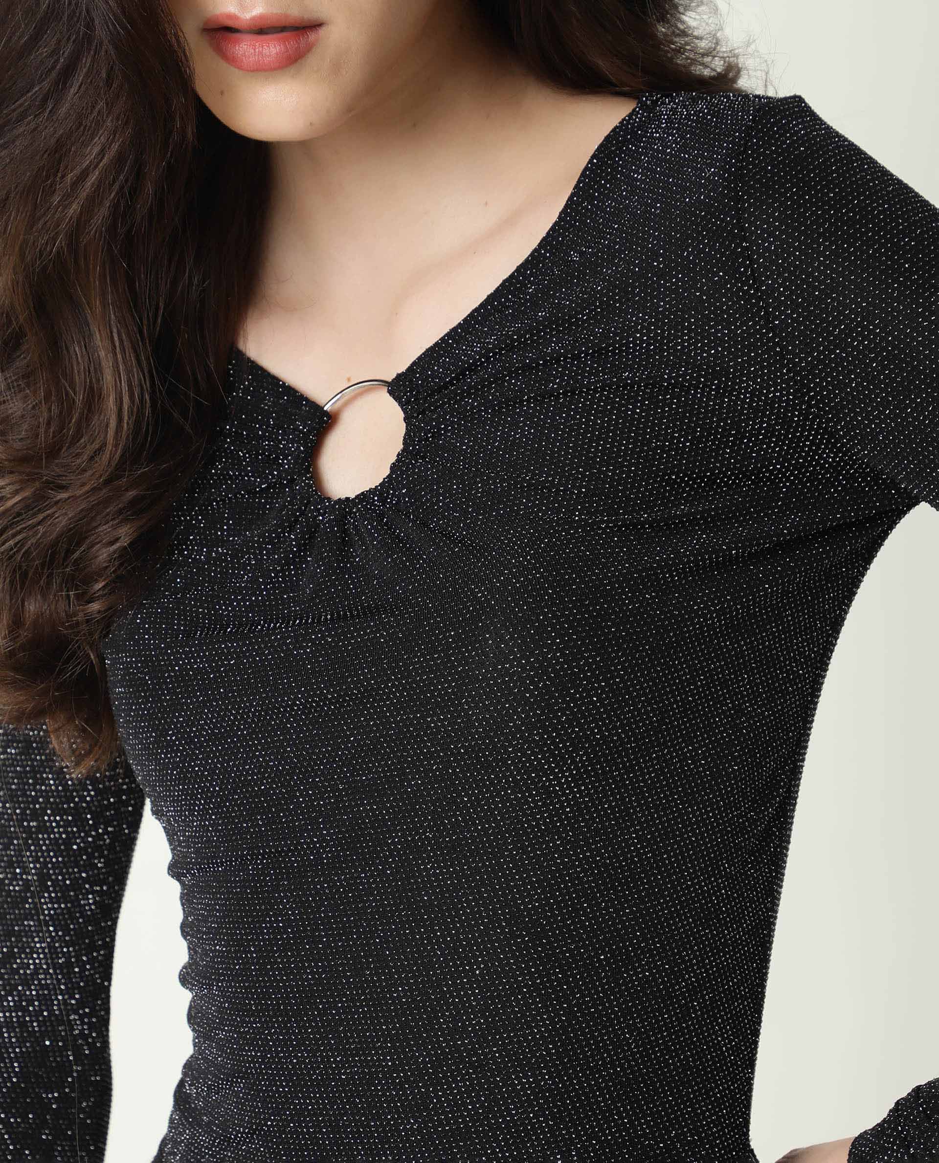 Rareism Women Ring Black Top Nylon Fabric Full Sleeves Solid