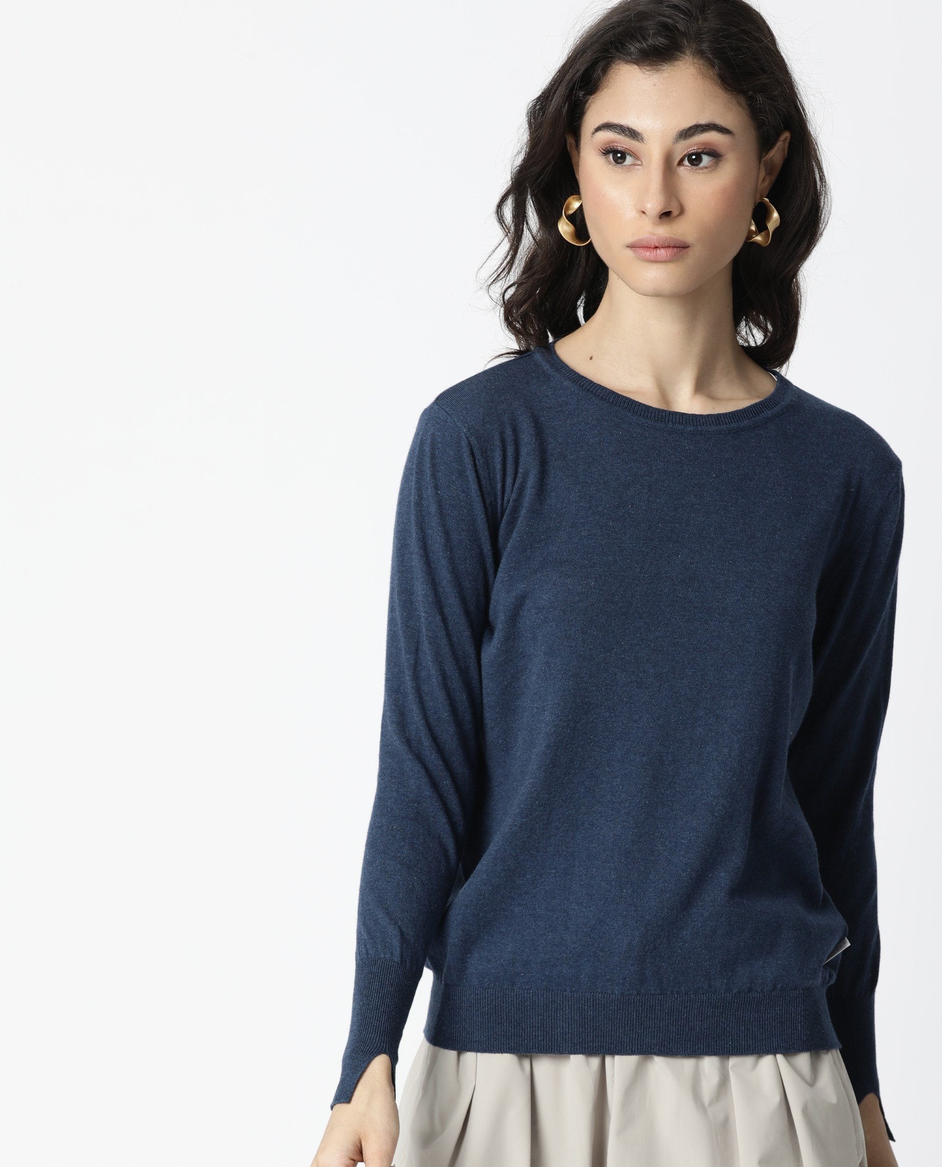 Rareism Women Plum Blue Cotton Fabric Full Sleeves Regular Fit Ribbed Ribbed Collar Sweater