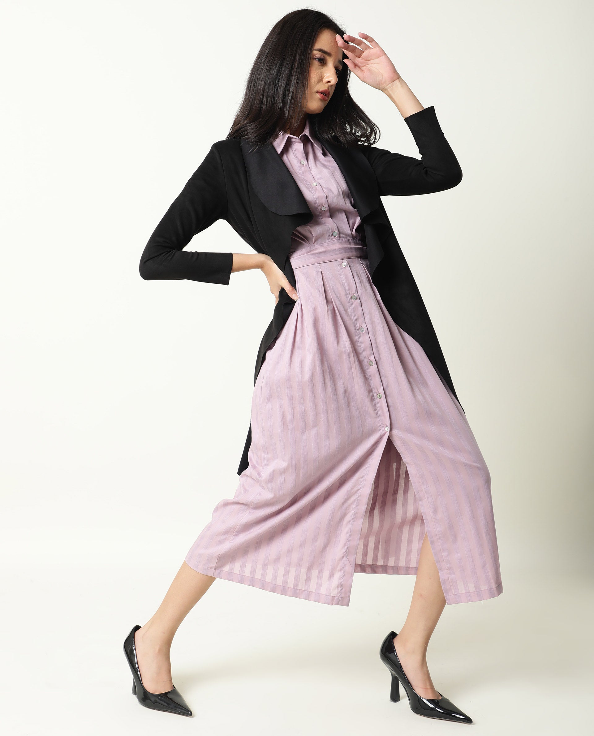 Rareism Women's Paris Pink Spread Collar Striped Knee Length Regular Fit Dress