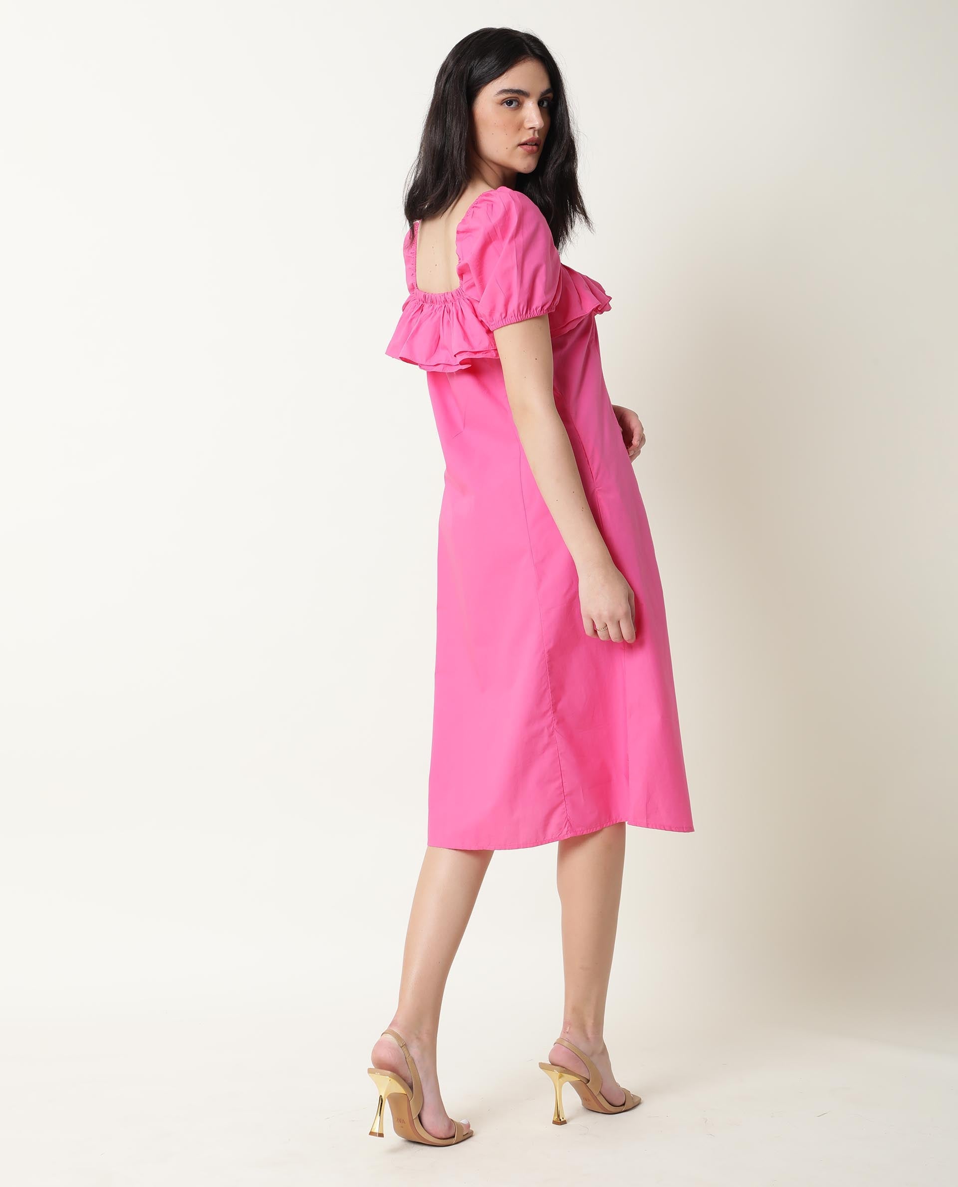 Rareism Women's Varsi Pink Sweetheart Neck Plain Midi Regular Fit Dress
