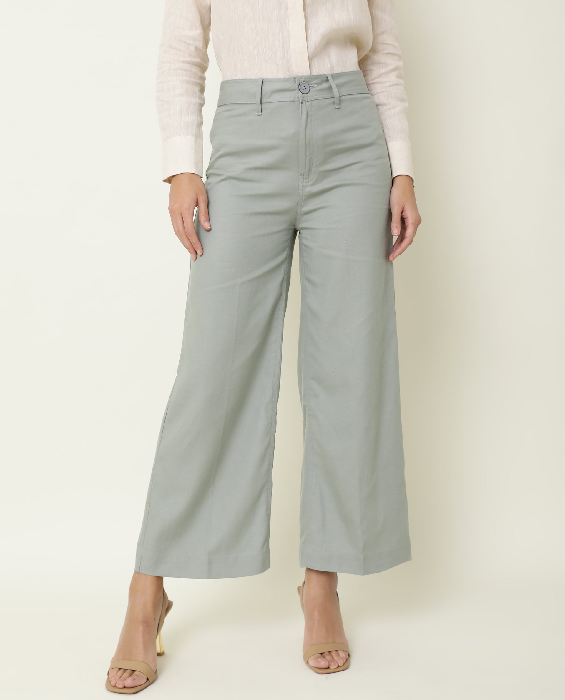 Rareism Women Micky Light Green Cotton Lyocell Fabric Tailored Fit Mid Rise Solid Ankle Length Trousers