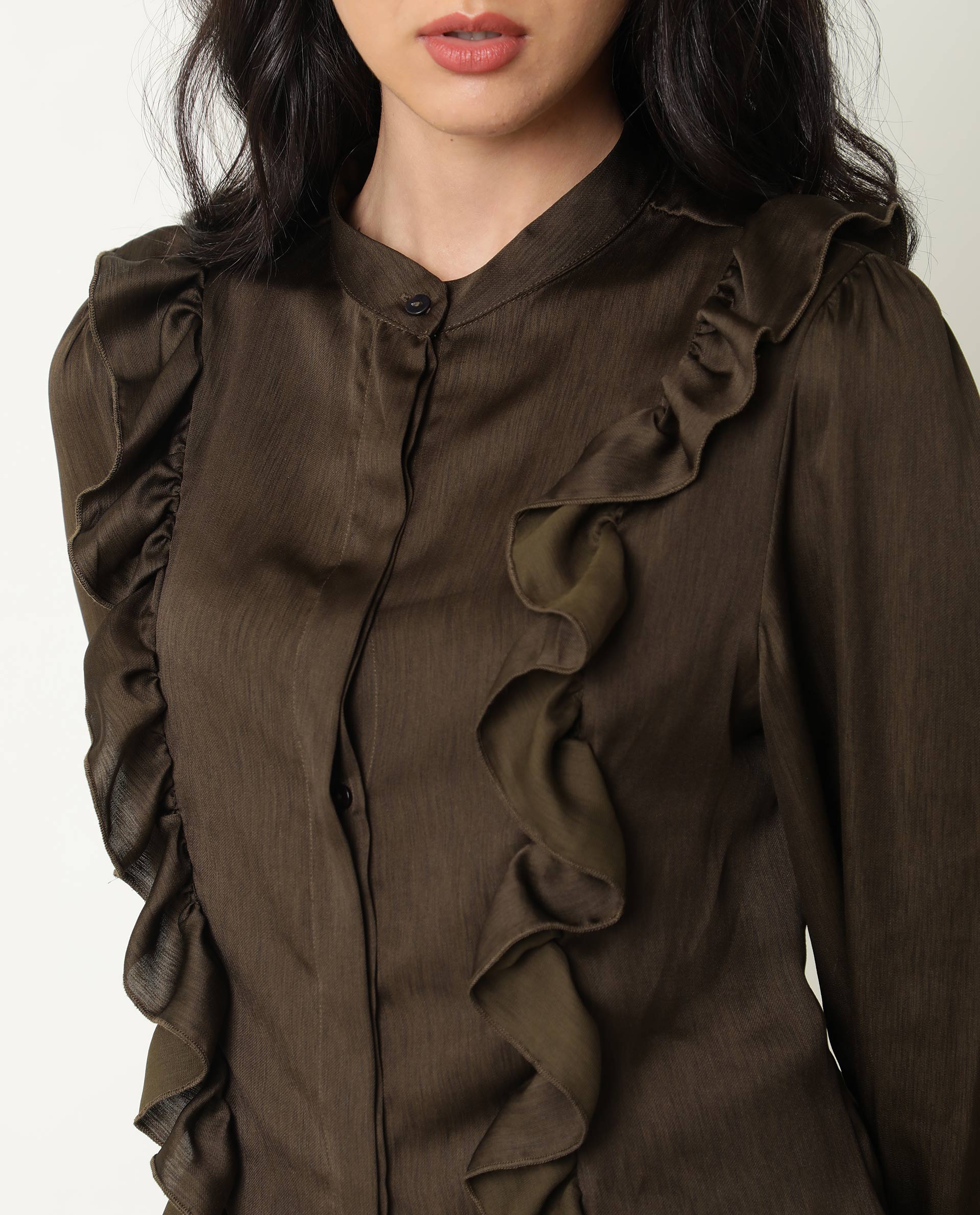 Rareism Womens Chamomile Olive Top Polyester Fabric Fit Regular Sleeves Mandarin Neck