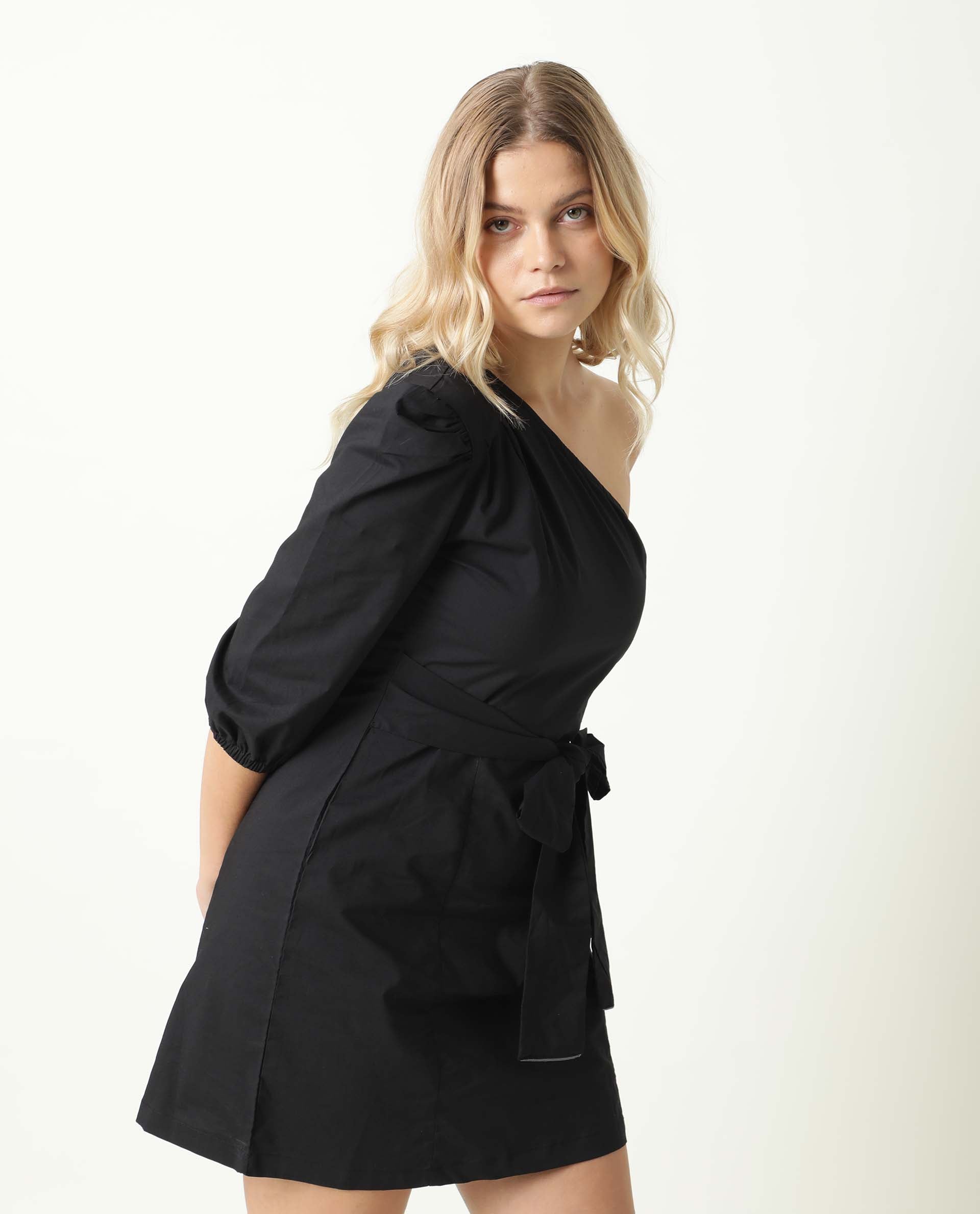Rareism Women Floris Black One Shoulder Puffed Sleeve Fabric Tie Up Belt Mini Dress