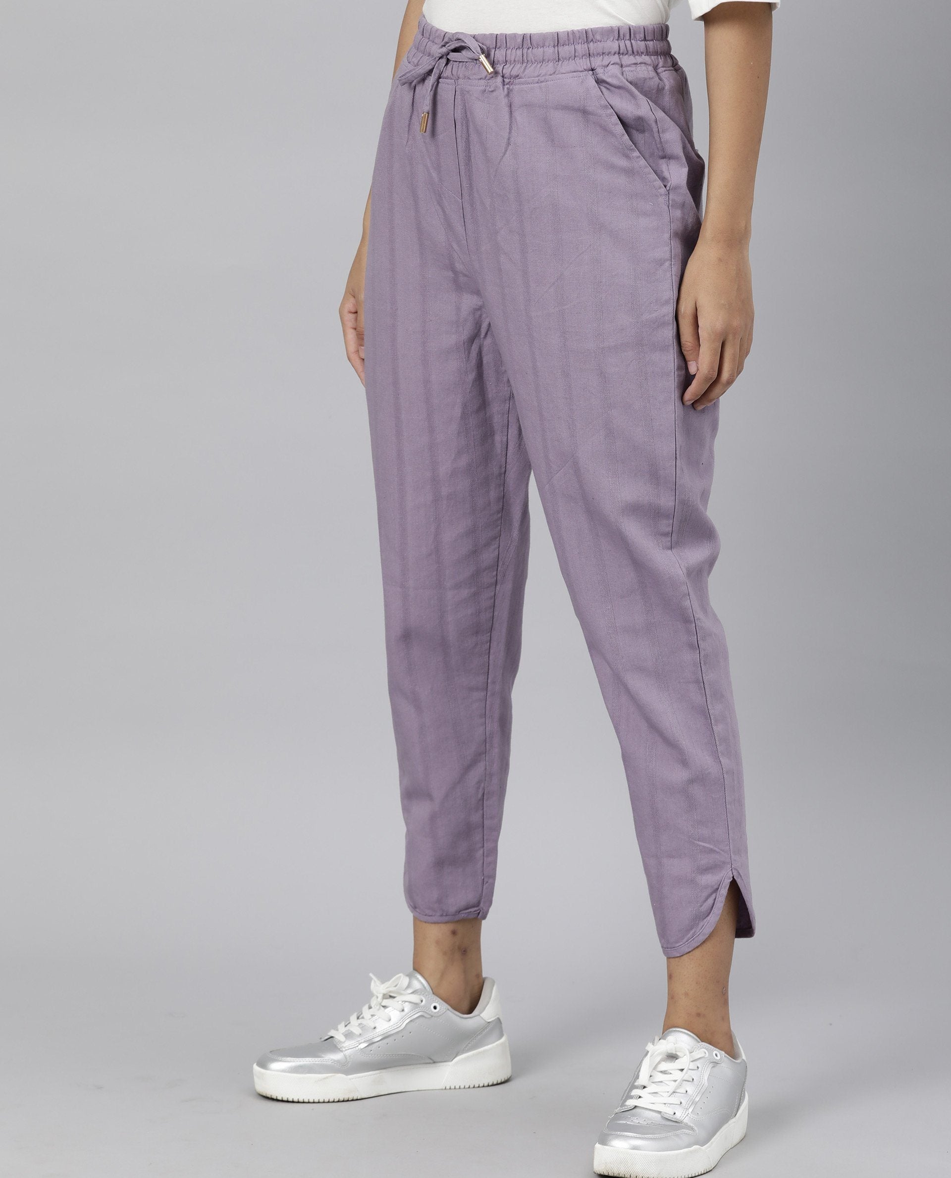 Rareism Womens Dusto Lavender Trouser Cotton Linen Fabric Ankle Length Regular Fit Elasticated Waistband