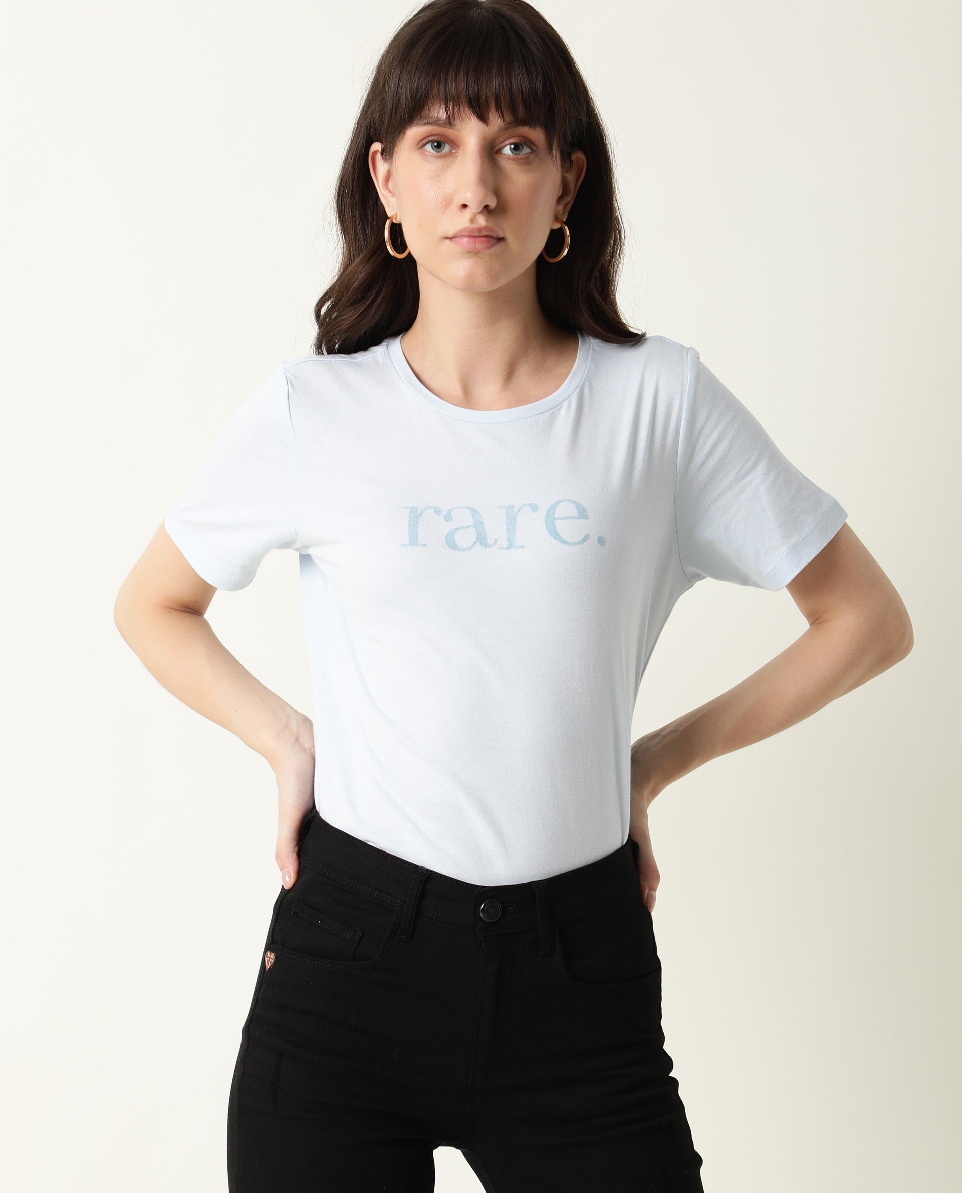 Rareism Womens Basic Tee 2 Blue T-Shirt Cotton Fabric Fitted Fit Short Sleeve Round Neck