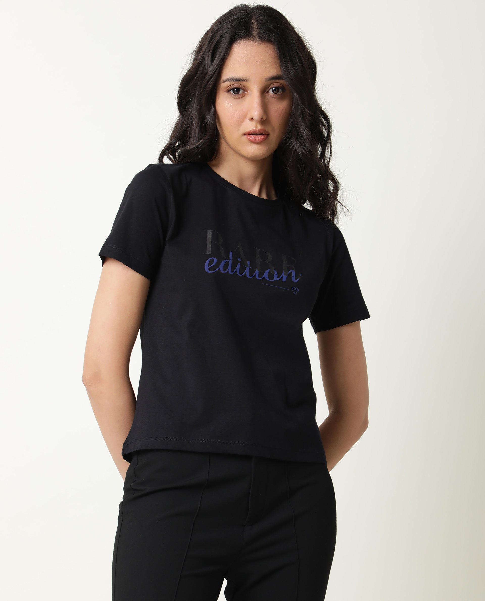 Rareism Women Pacity Black Cotton Fabric Regular Fit Half Sleeves Print Round Neck T-Shirt