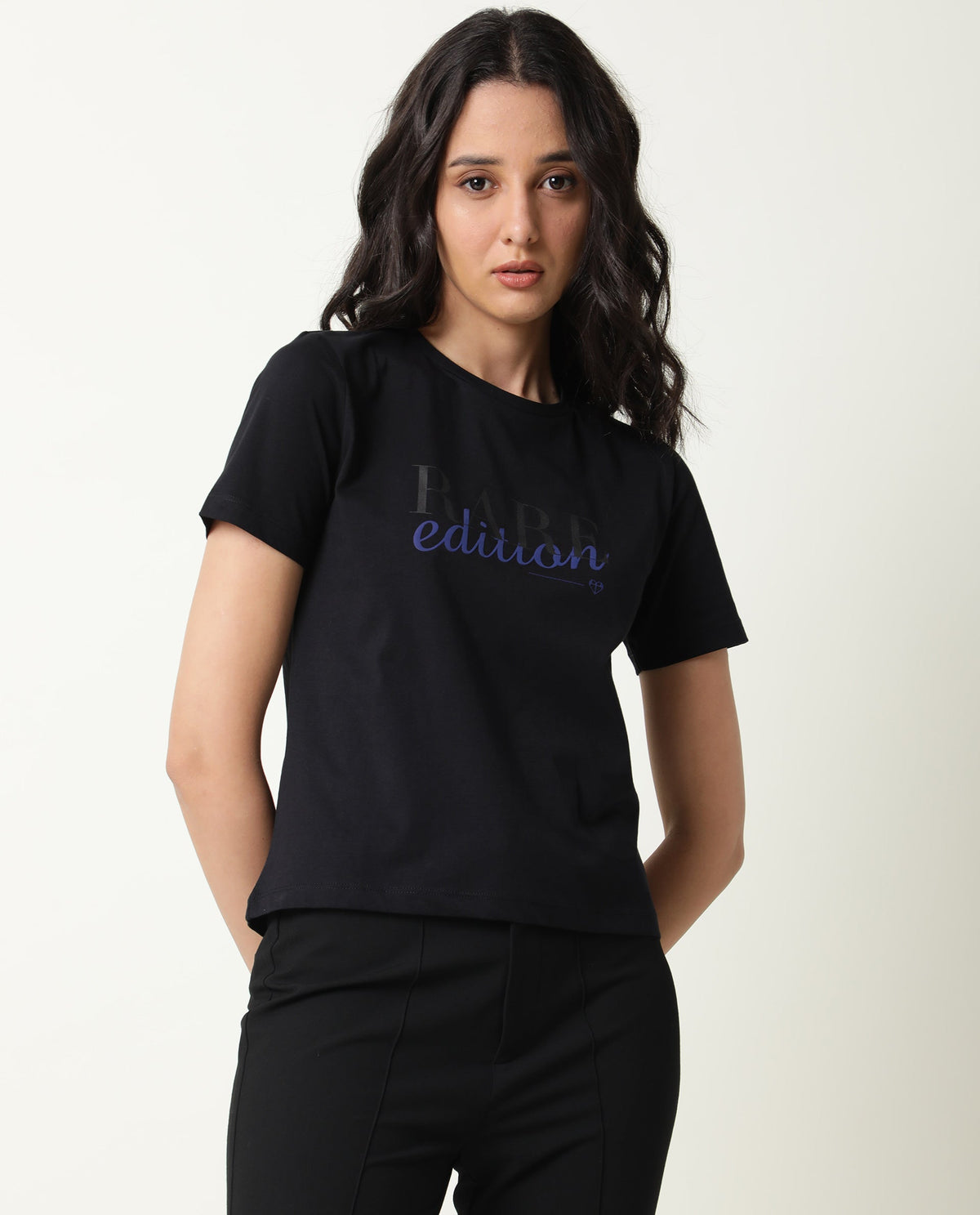 Rareism Women Pacity Black Cotton Fabric Regular Fit Half Sleeves Print Round Neck T-Shirt
