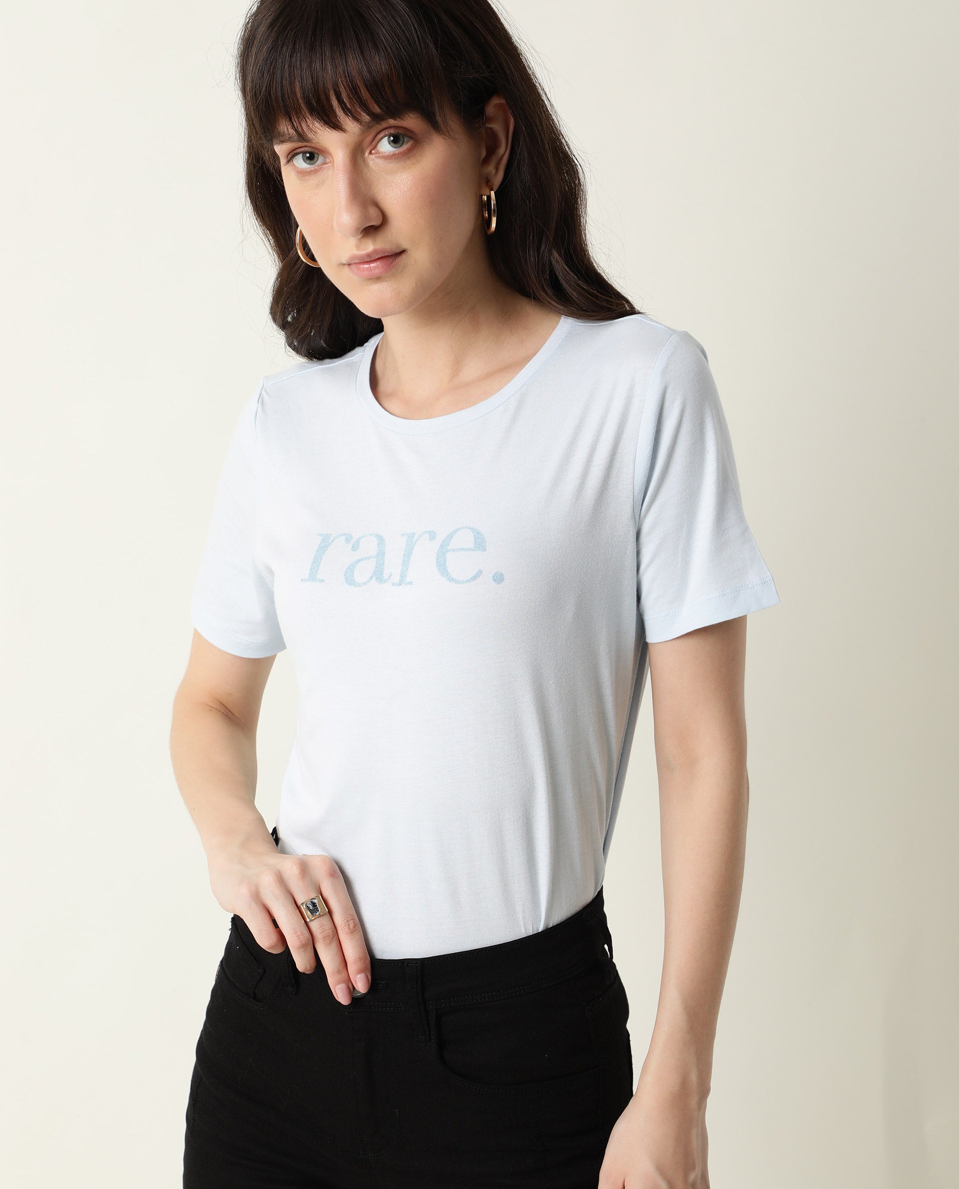 Rareism Womens Basic Tee 2 Blue T-Shirt Cotton Fabric Fitted Fit Short Sleeve Round Neck