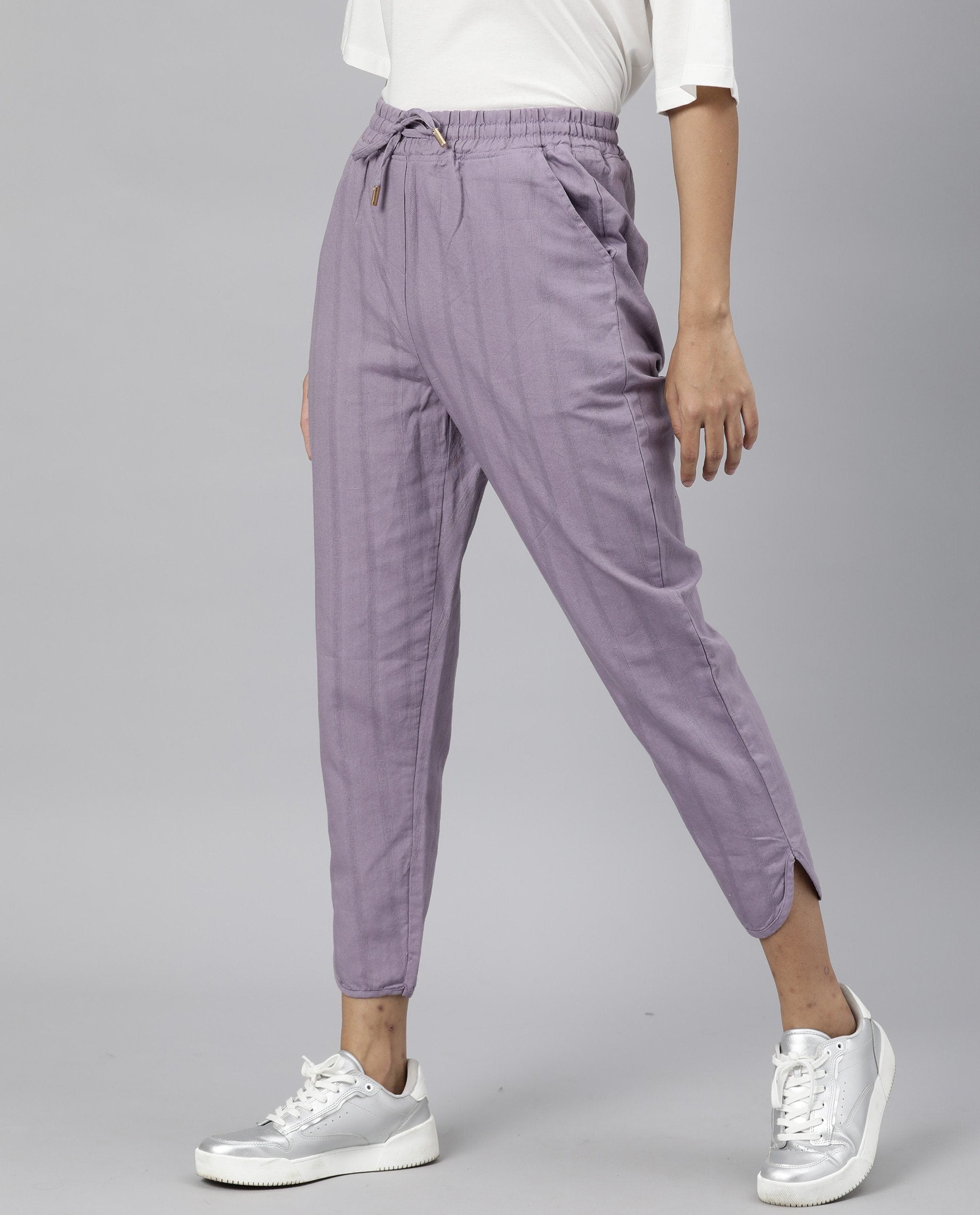Rareism Womens Dusto Lavender Trouser Cotton Linen Fabric Ankle Length Regular Fit Elasticated Waistband