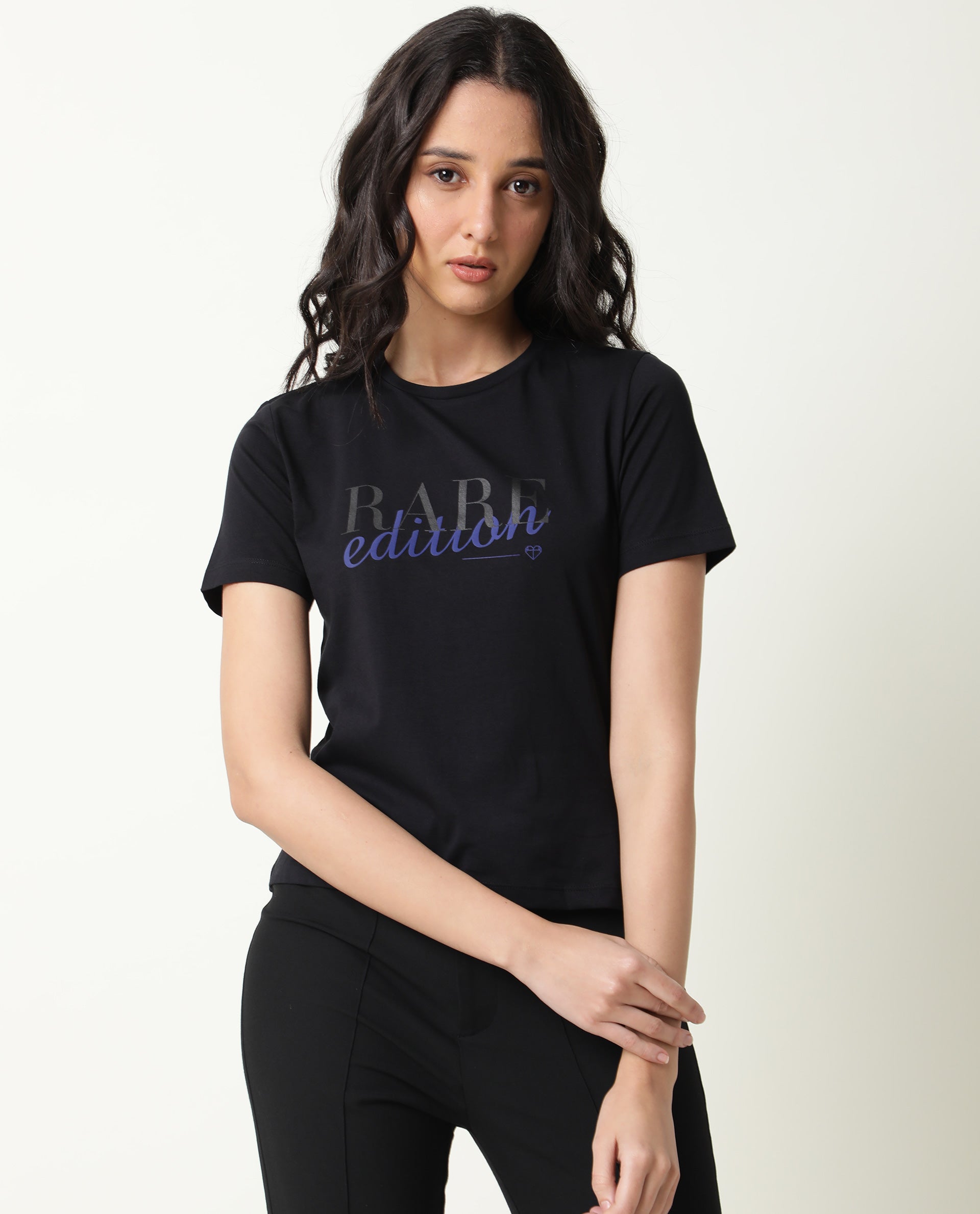 Rareism Women Pacity Black Cotton Fabric Regular Fit Half Sleeves Print Round Neck T-Shirt