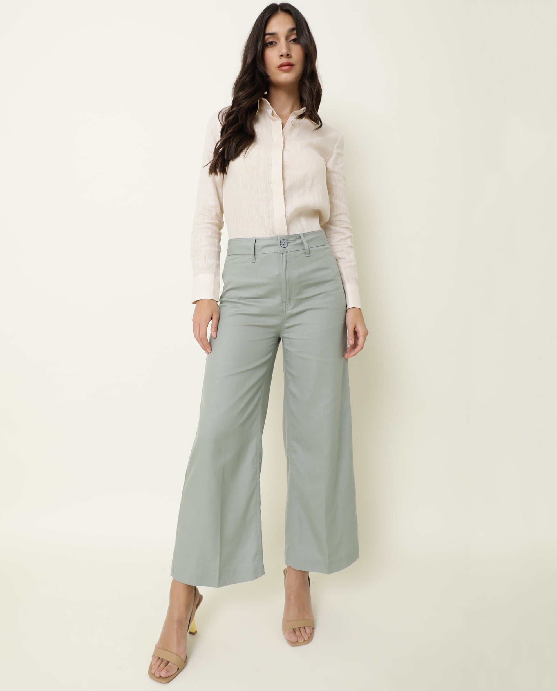 Rareism Women's Micky Green Cotton Blend Plain Ankle Length Tailored Trouser