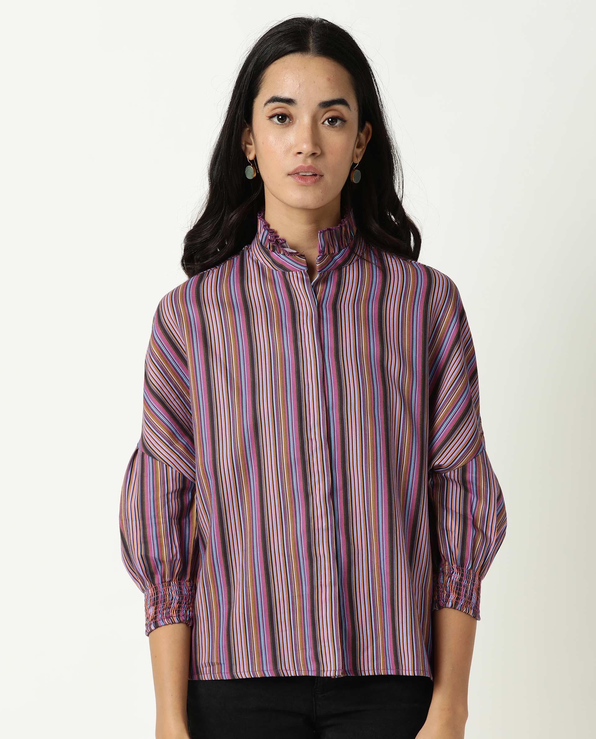 Rareism Womens Pari Multi Top Cotton Fabric Regular Fit Extended Sleeves Ruffled Neck