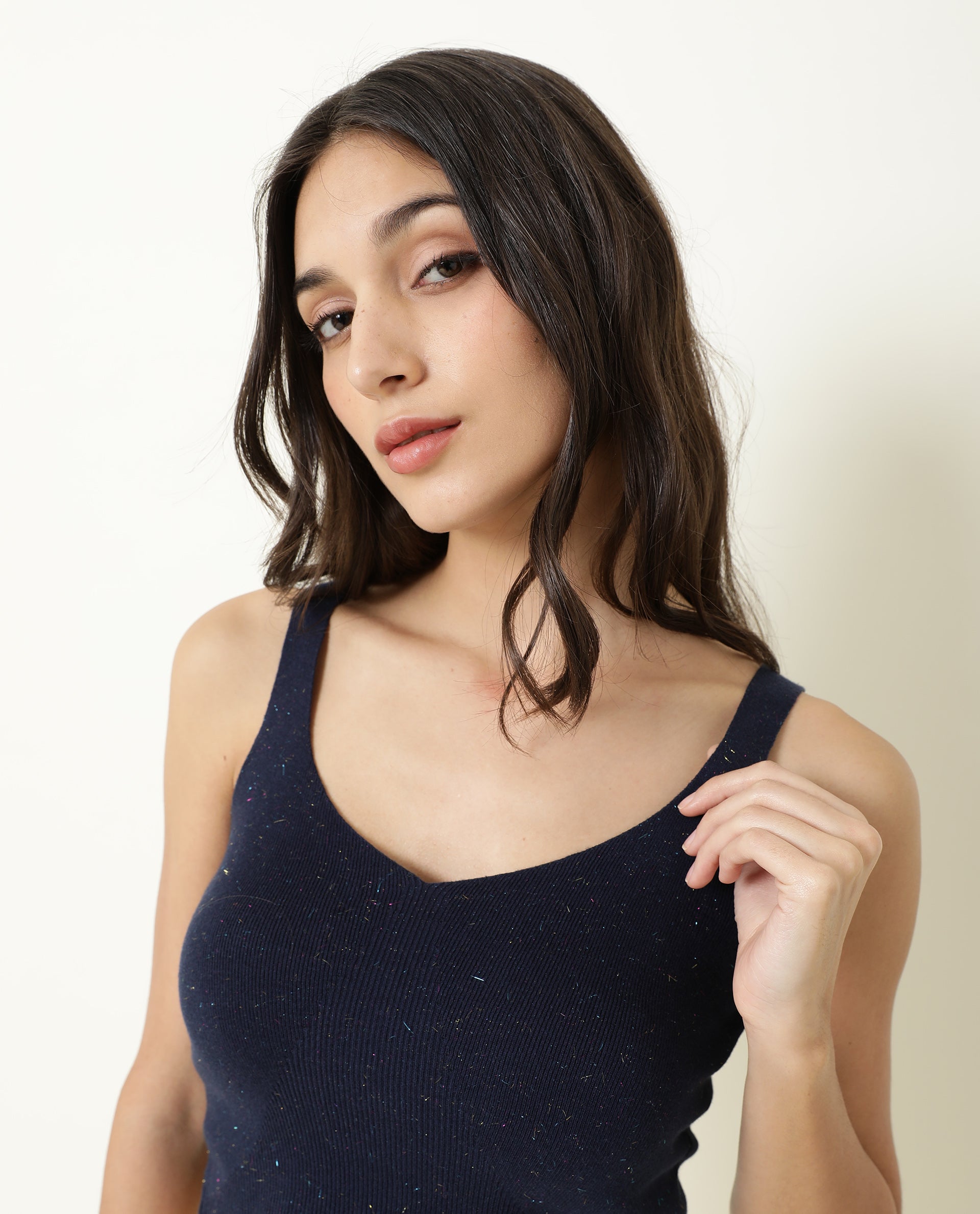 Rareism Women's Flee Navy Cotton V-Neck Plain Sleeveless Crop Regular Fit Sweater
