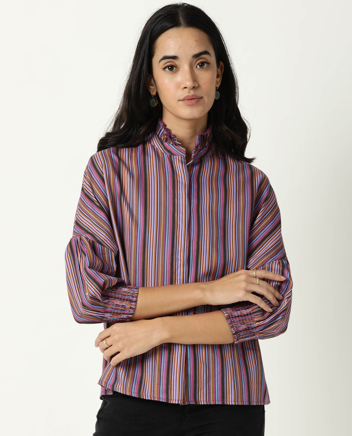 Rareism Womens Pari Multi Top Cotton Fabric Regular Fit Extended Sleeves Ruffled Neck