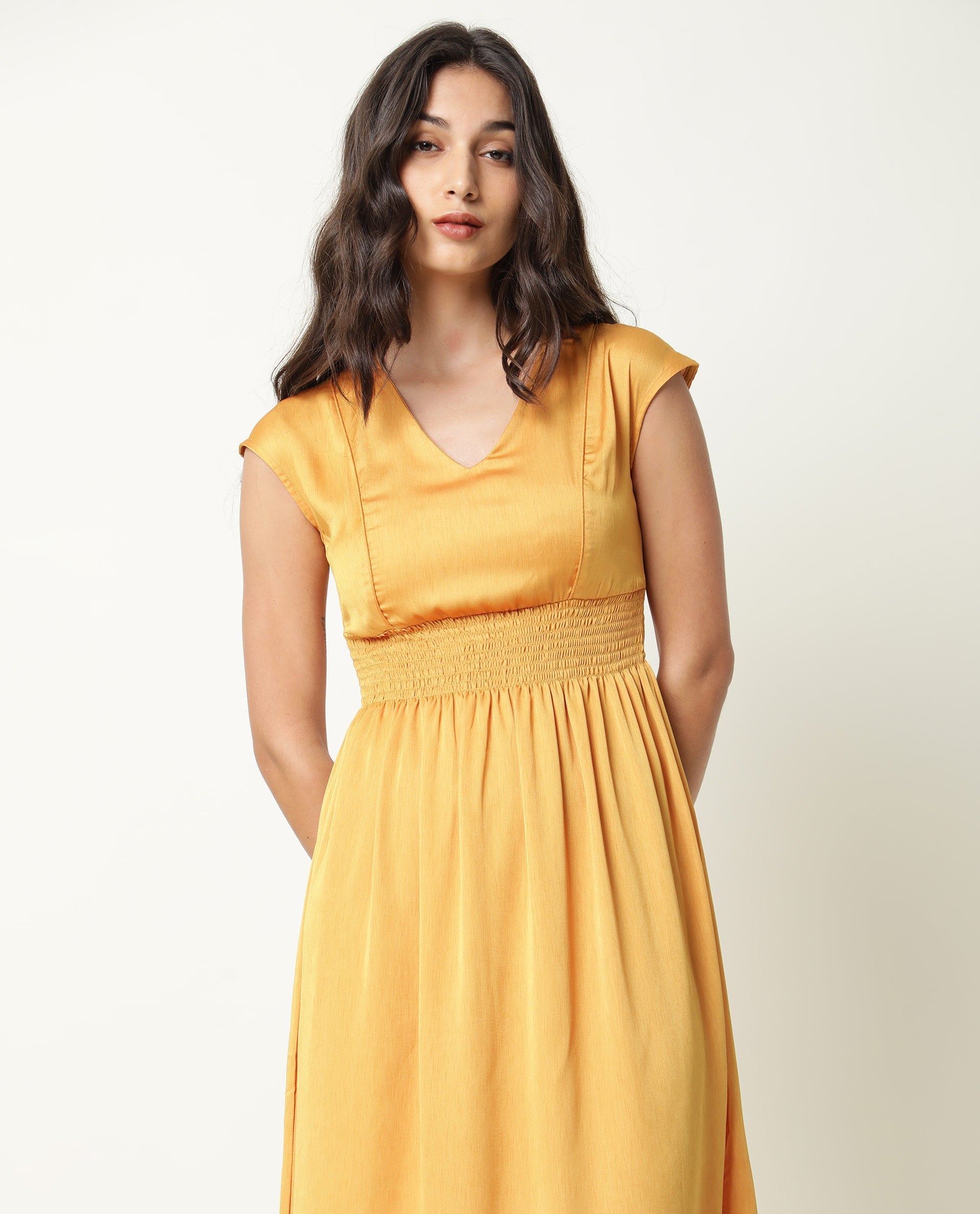 Rareism Women's Milux Mustard V-Neck Plain Sleeveless Knee Length Regular Fit Dress