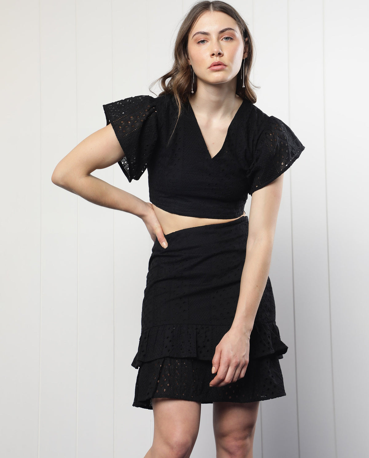 Rareism Women Clarissa Black Cotton Fabric Slim Fit High Rise Solid Midi Skirt