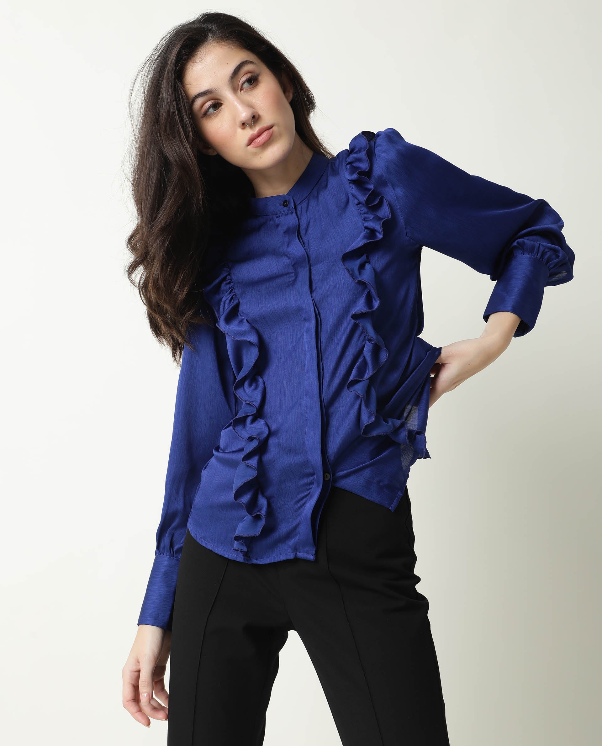 Rareism Womens Chamomile Blue Top Polyester Fabric Fit Regular Sleeves Mandarin Neck