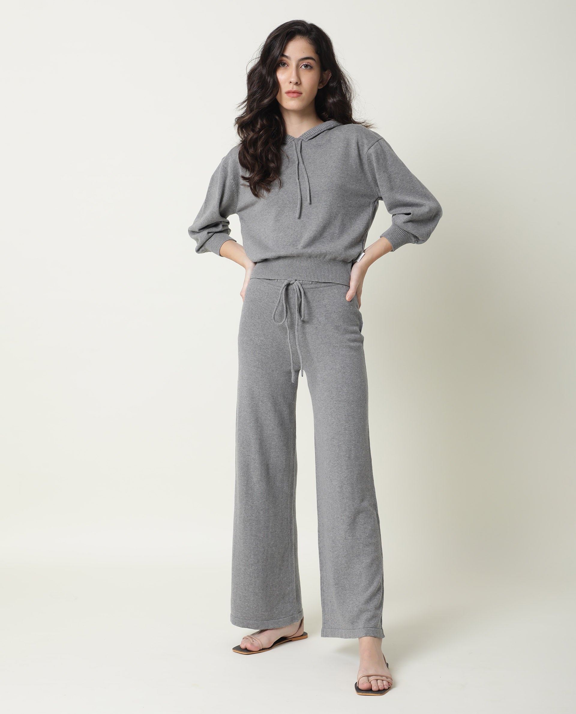 Rareism Women Finn Track Melange Grey Cotton Fabric Flared Solid Mid Rise Ankle Length Track Pant