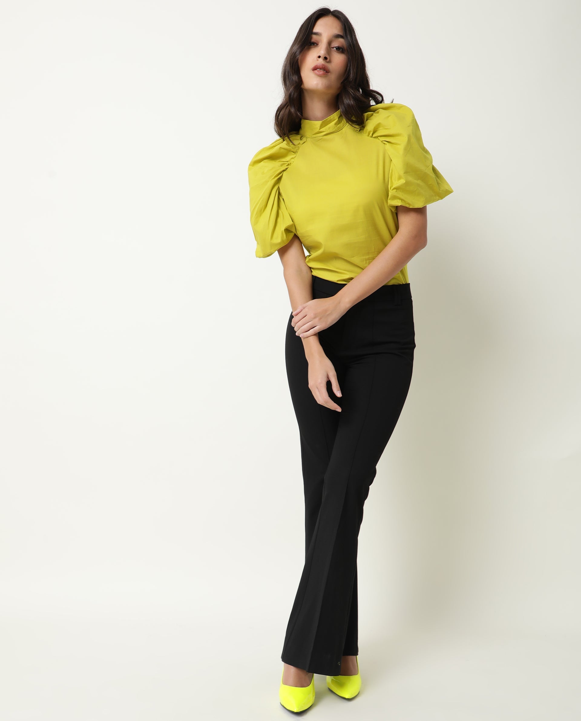 Rareism Women's Bobby Green Cotton High Neck Plain Balloon Sleeve Regular Fit Top
