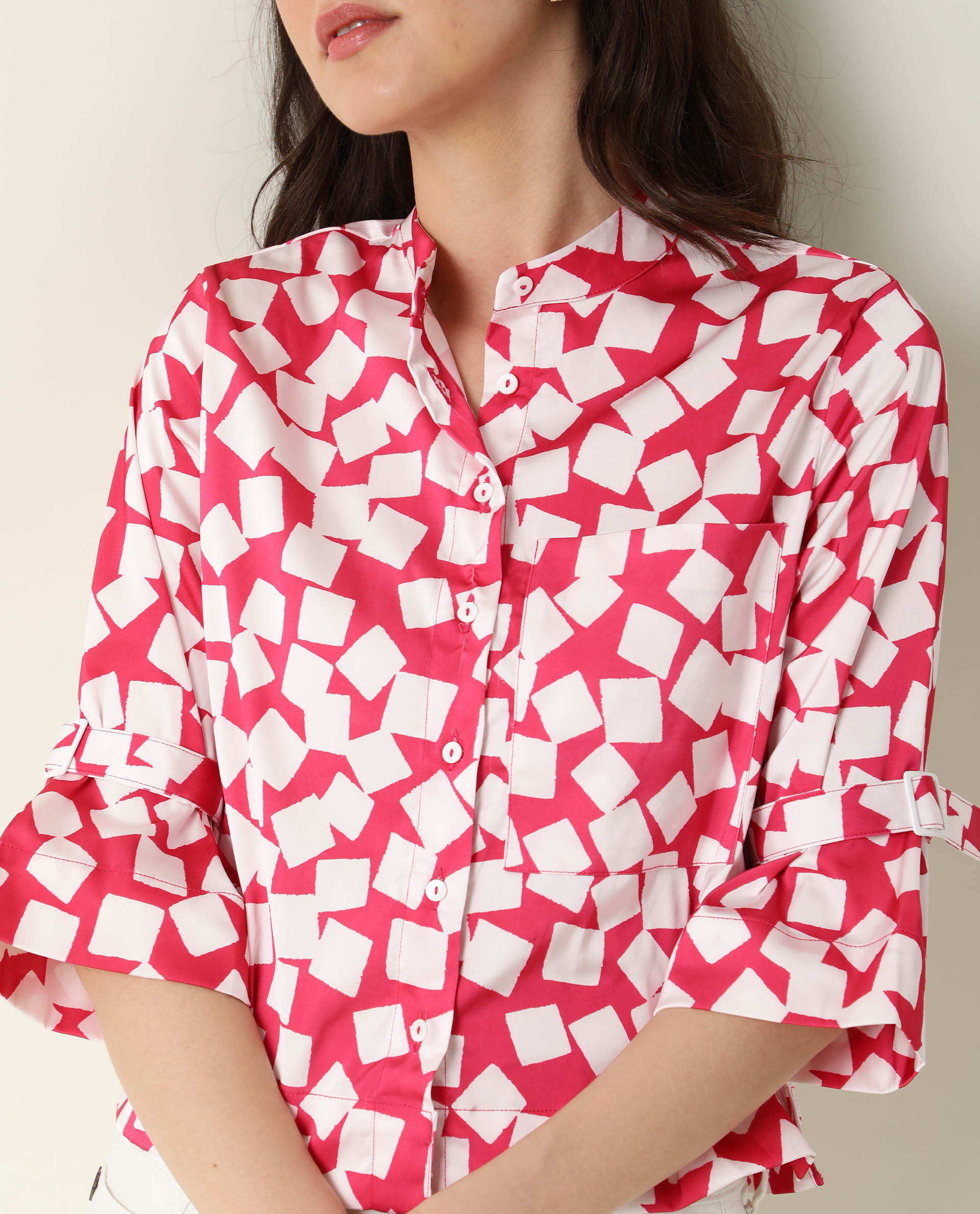 Rareism Women's Seki Pink Modal High Neck Geometric Print Regular Fit Shirt