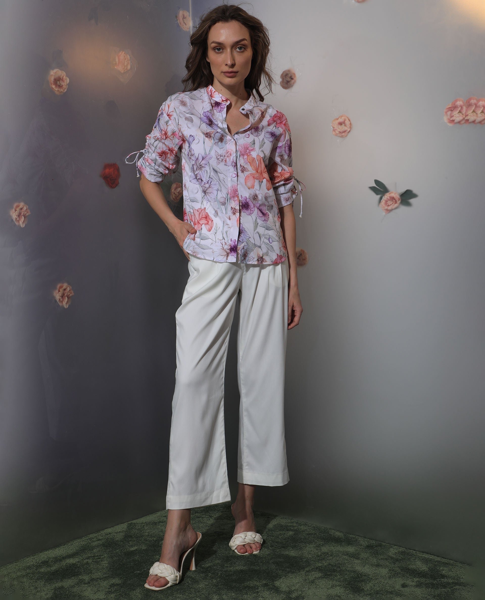 Rareism Women's Roxy Multi Cotton Mandarin Collar Floral Print Regular Fit Top