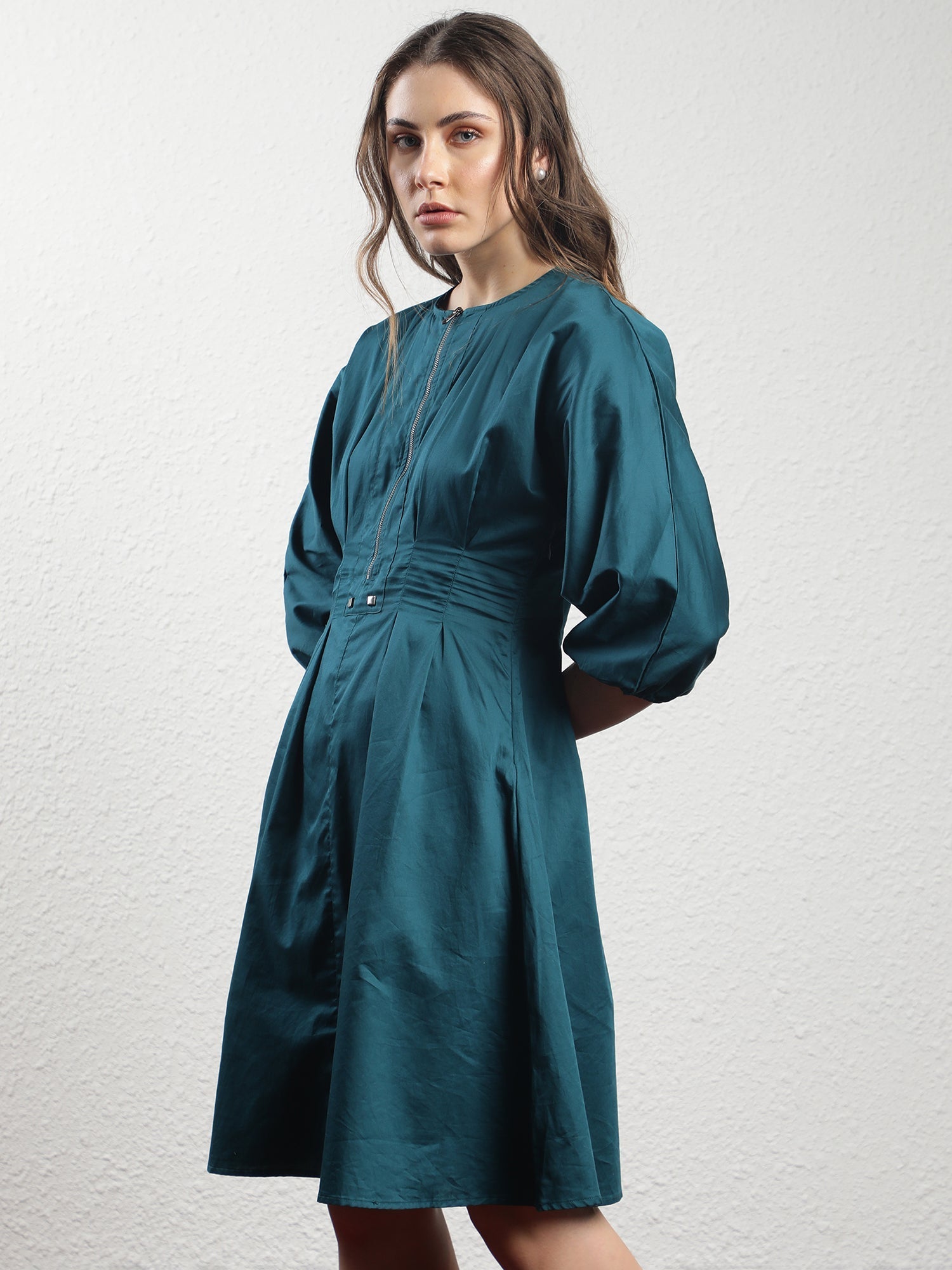 Rareism Women's Mayem Petrol Cotton Crew Neck Plain Volume Sleeve Knee Length Tailored Dress