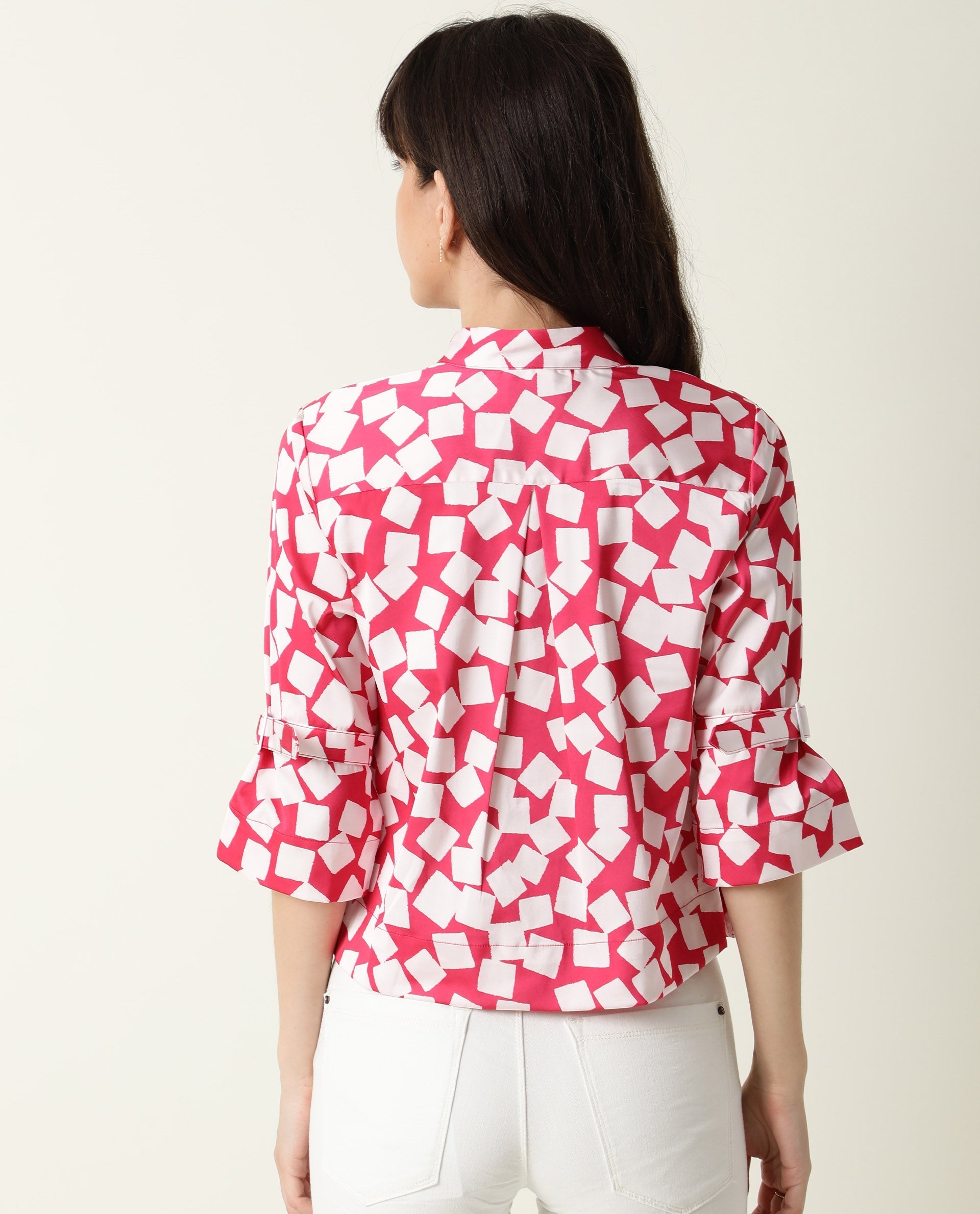 Rareism Women's Seki Pink Modal High Neck Geometric Print Regular Fit Shirt