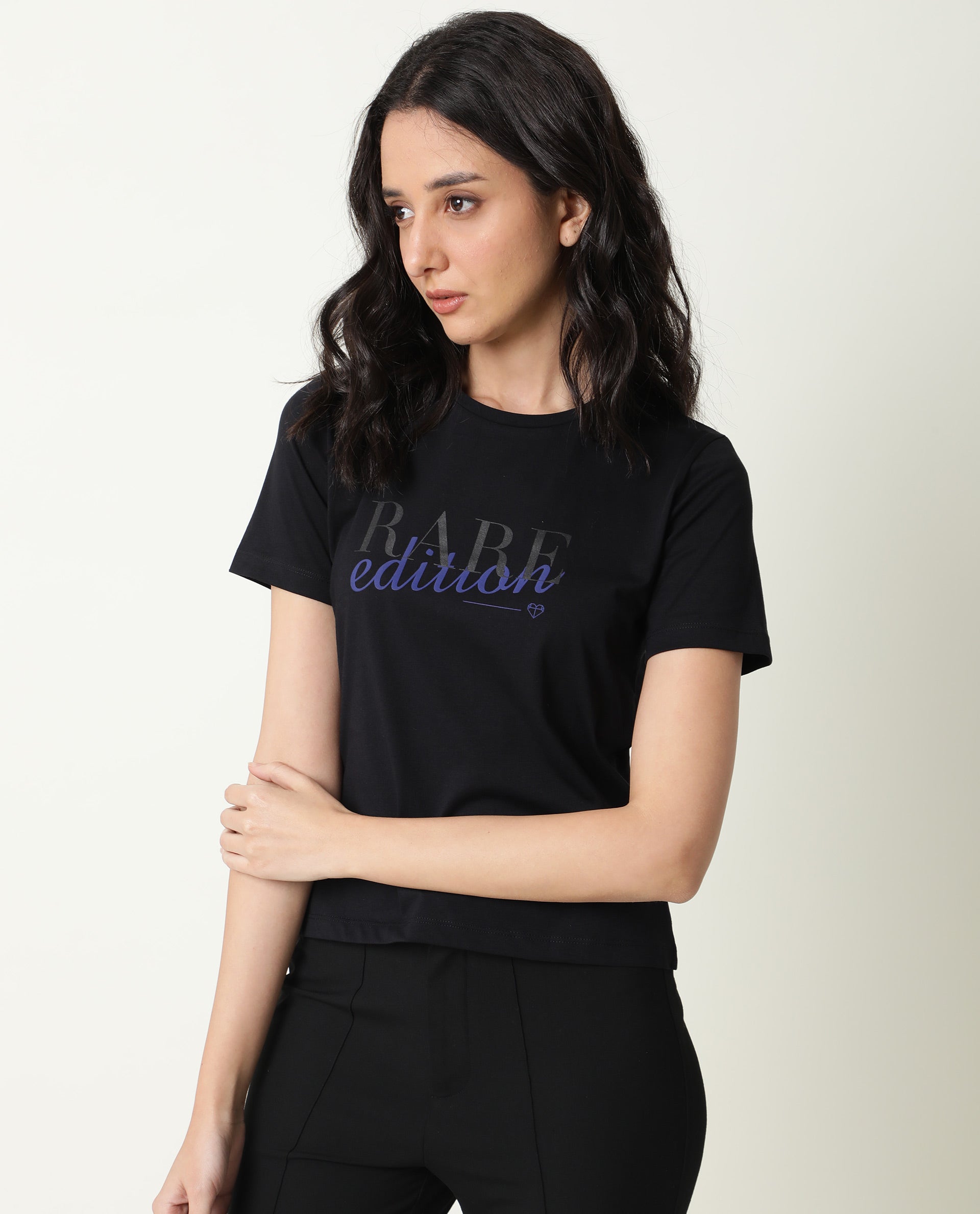 Rareism Women Pacity Black Cotton Fabric Regular Fit Half Sleeves Print Round Neck T-Shirt