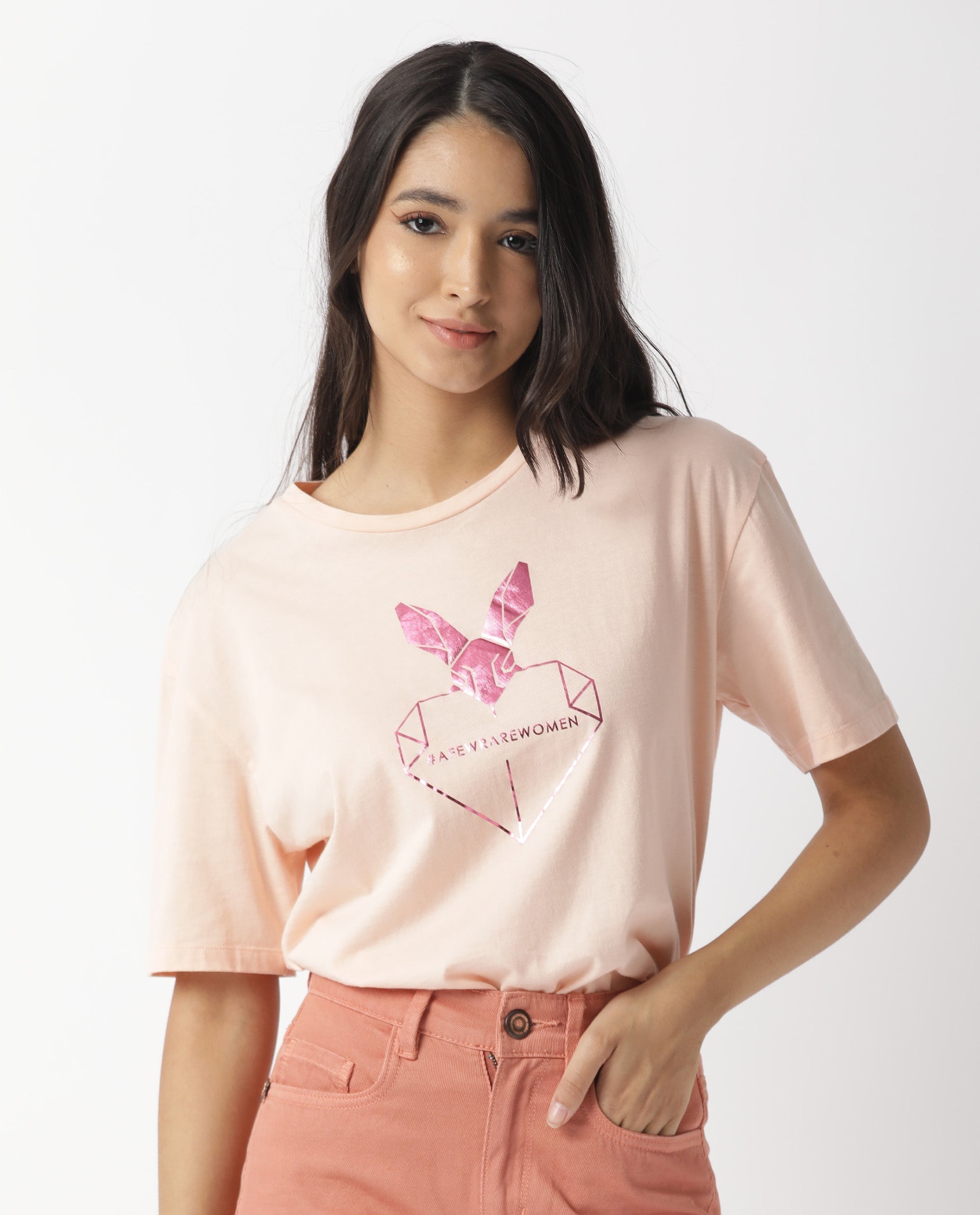 Rareism Women Love Pink Cotton Fabric Regular Fit Half Sleeves Graphic Print Crew Neck T-Shirt