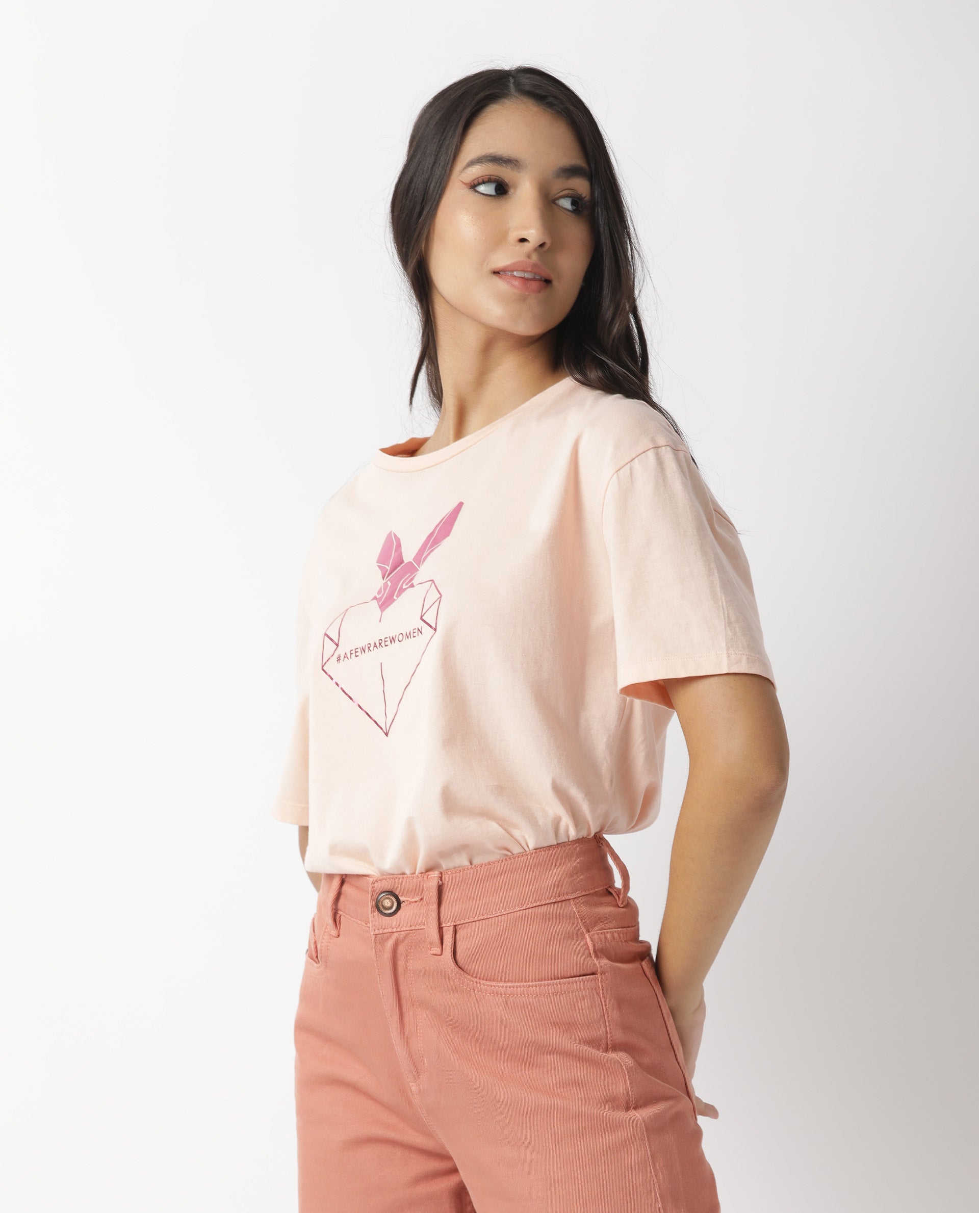 Rareism Women Love Pink Cotton Fabric Regular Fit Half Sleeves Graphic Print Crew Neck T-Shirt