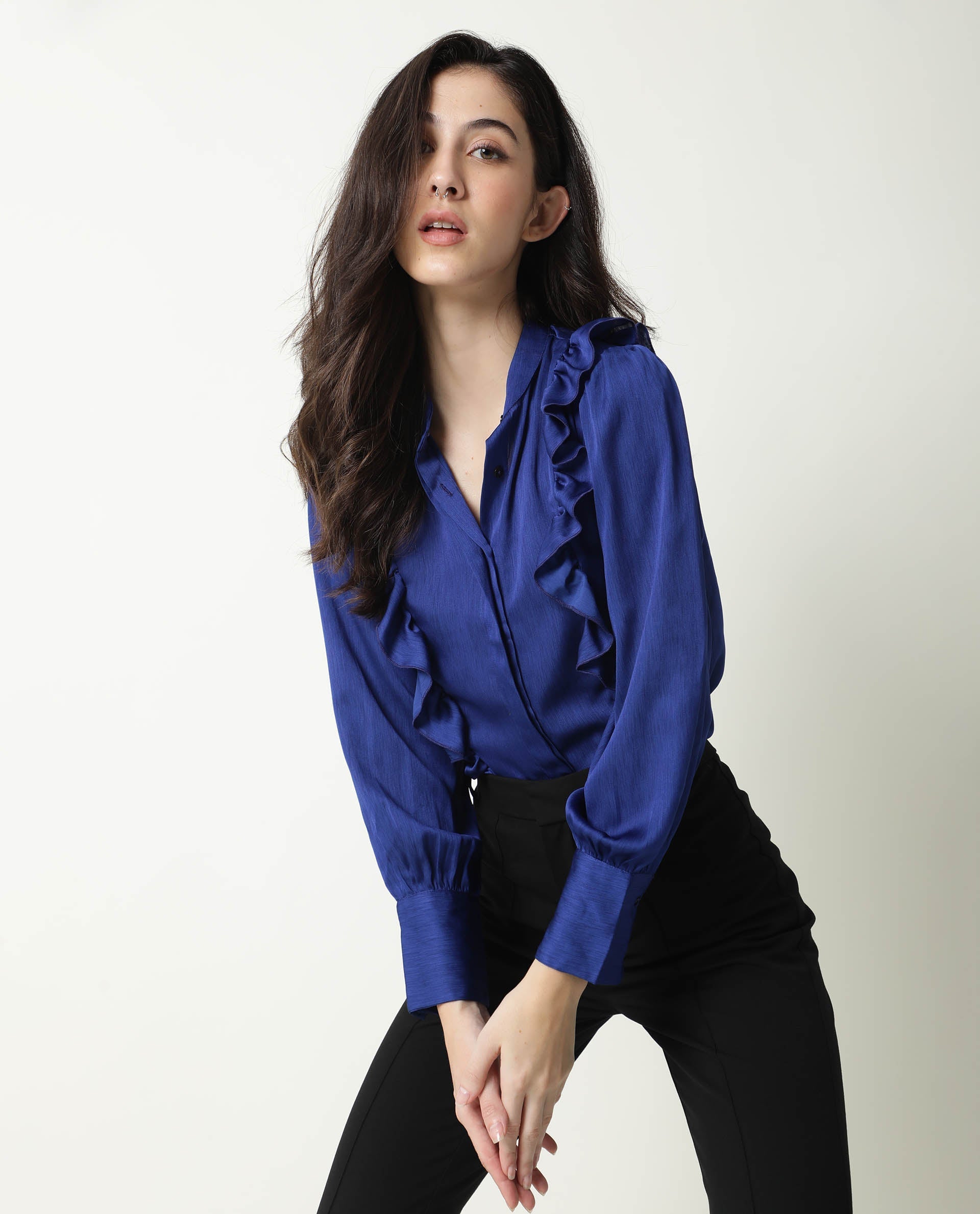 Rareism Womens Chamomile Blue Top Polyester Fabric Fit Regular Sleeves Mandarin Neck
