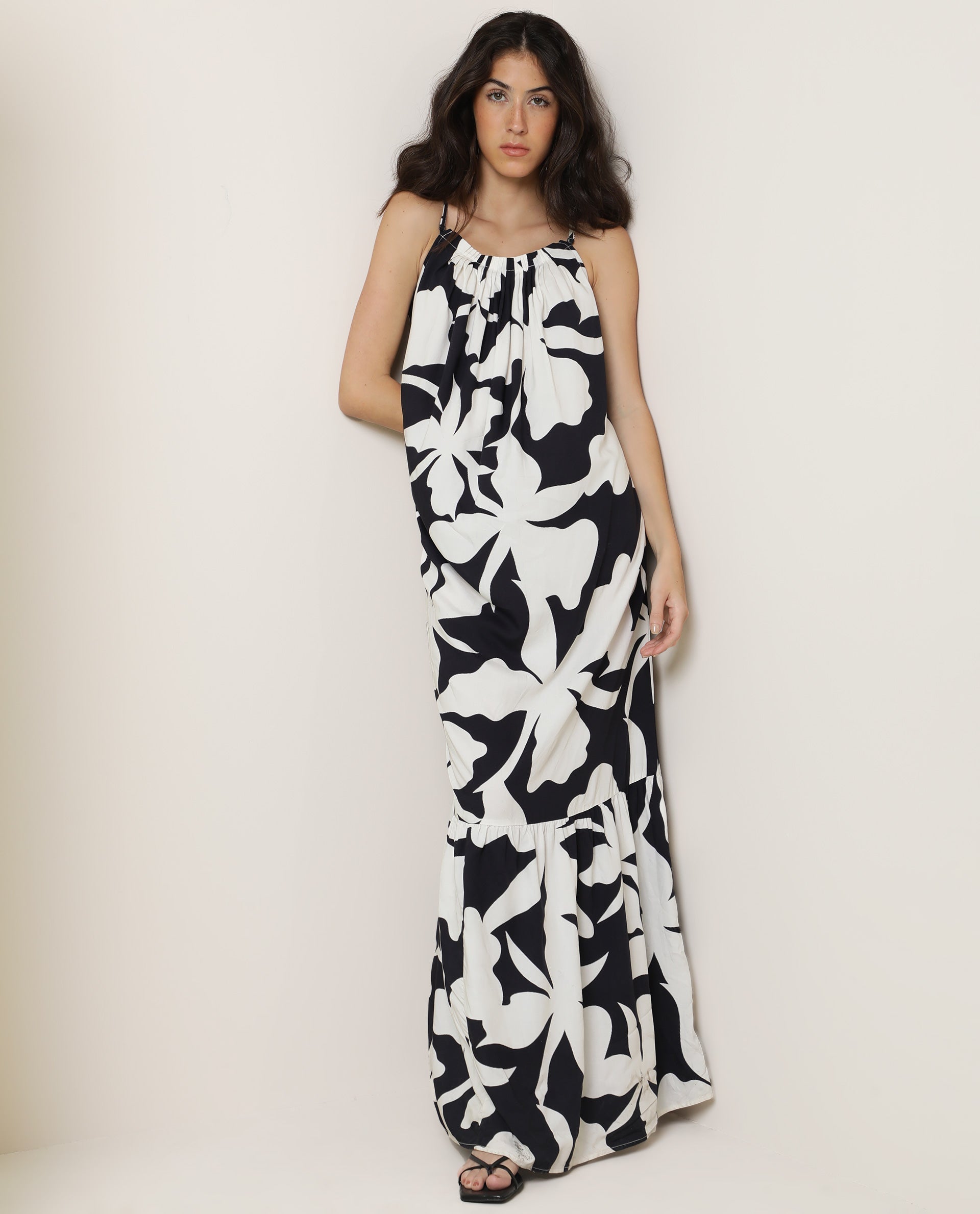 Rareism Women Zahara Black Viscose Fabric Sleeveless Shoulder Straps Regular Fit Floral Print Knee Length Tiered Dress