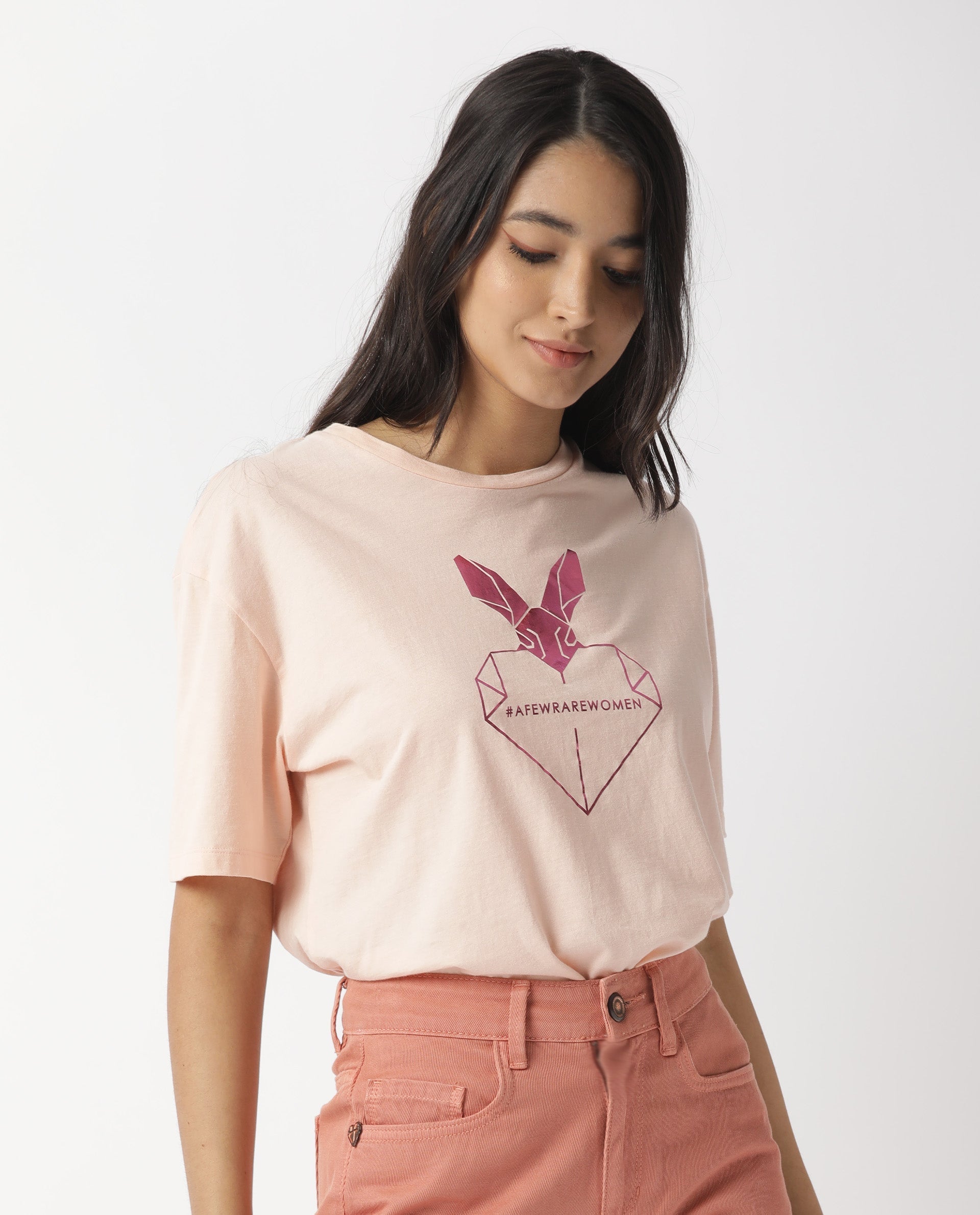 Rareism Women Love Pink Cotton Fabric Regular Fit Half Sleeves Graphic Print Crew Neck T-Shirt