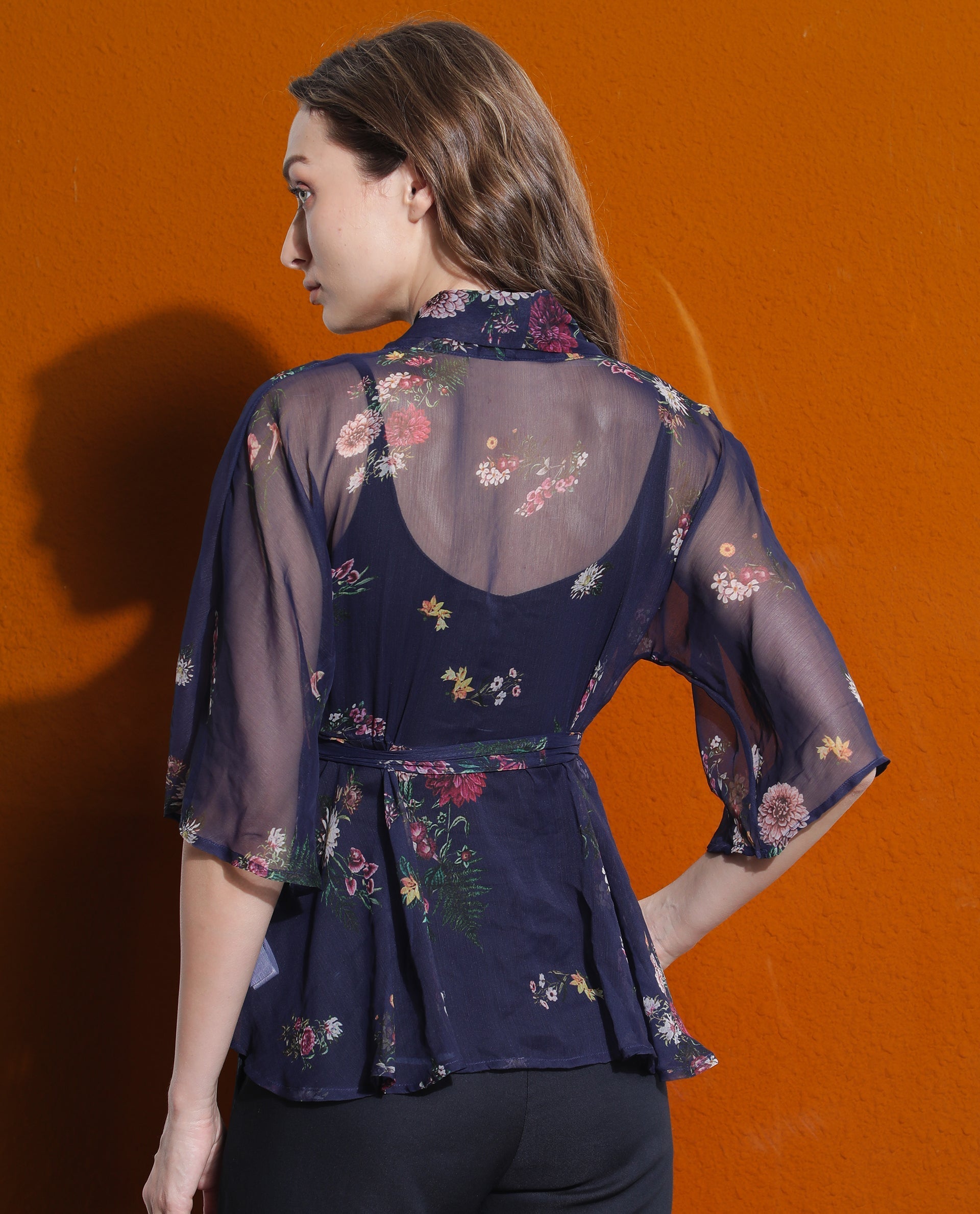 Rareism Women Greta Blue Polyester Fabric 3/4Th Sleeves Over Lap Bell Sleeve Regular Fit Floral Print Shrug